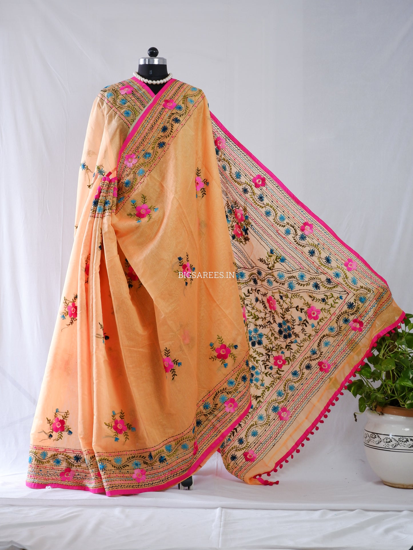 Phulkari Hand-Embroidered Saree | Chanderi Silk | Medium Chrome Yellow