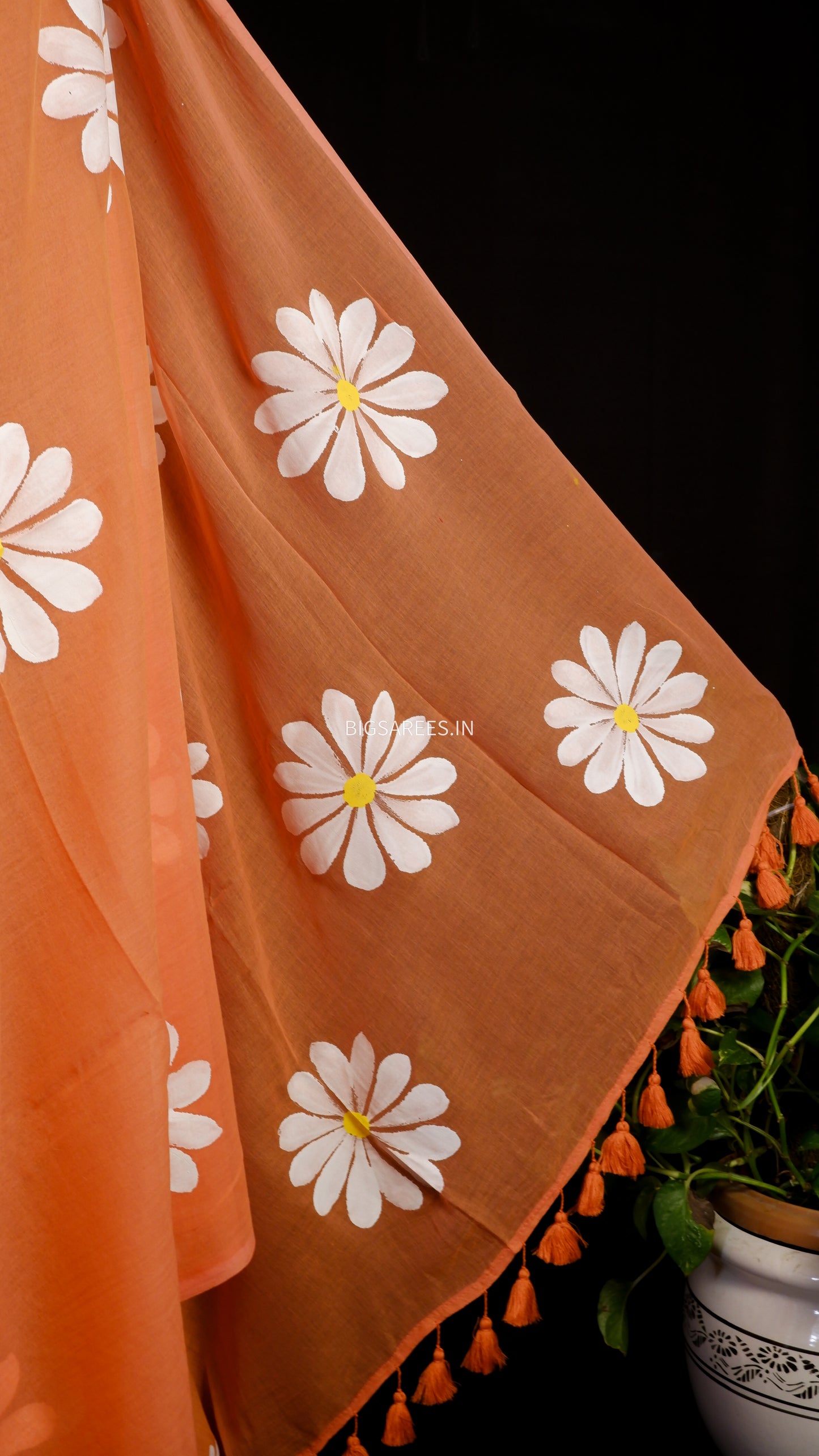 Hand Painted Mul Cotton Saree with Blouse | Orange