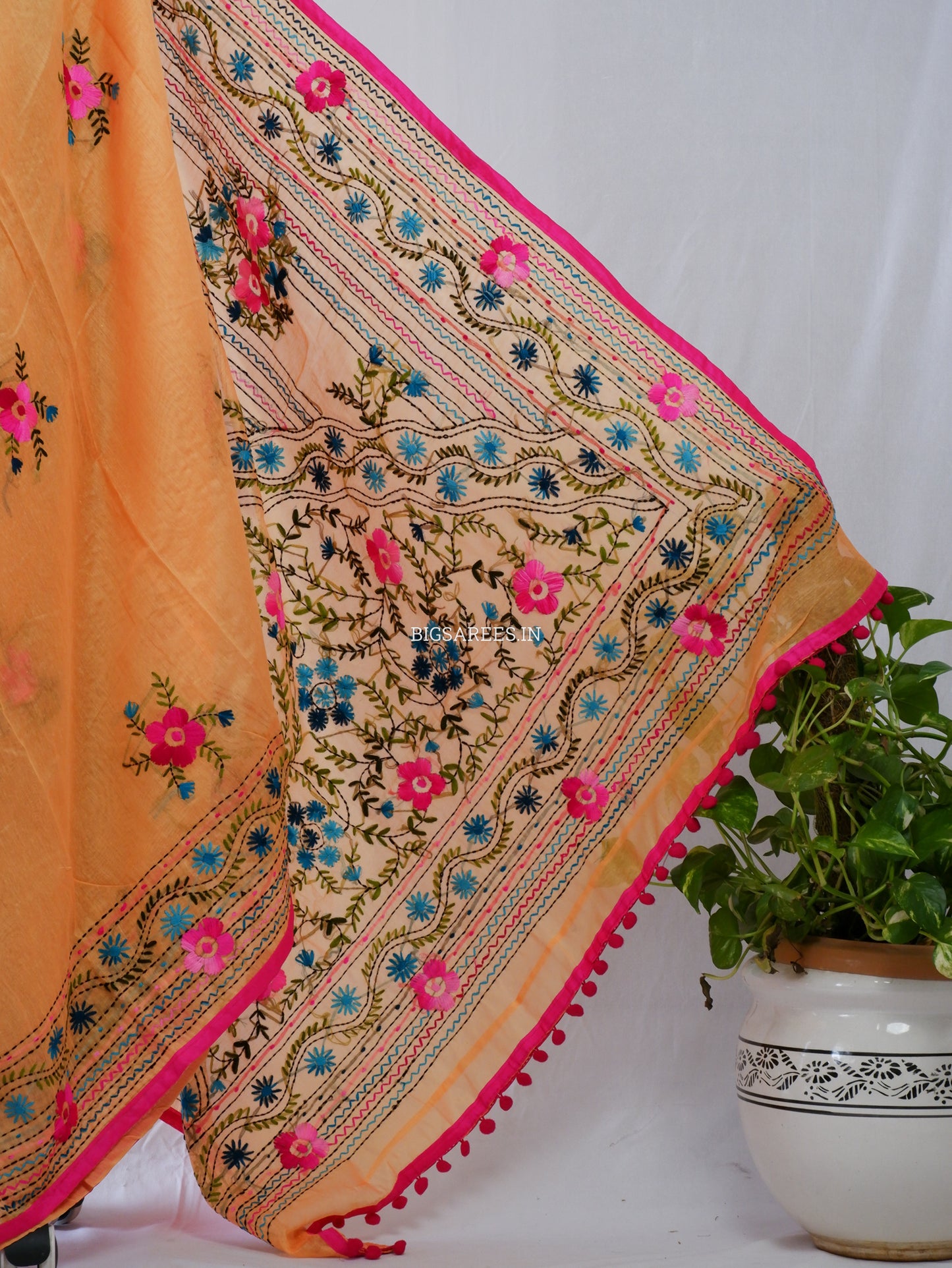 Phulkari Hand-Embroidered Saree | Chanderi Silk | Medium Chrome Yellow