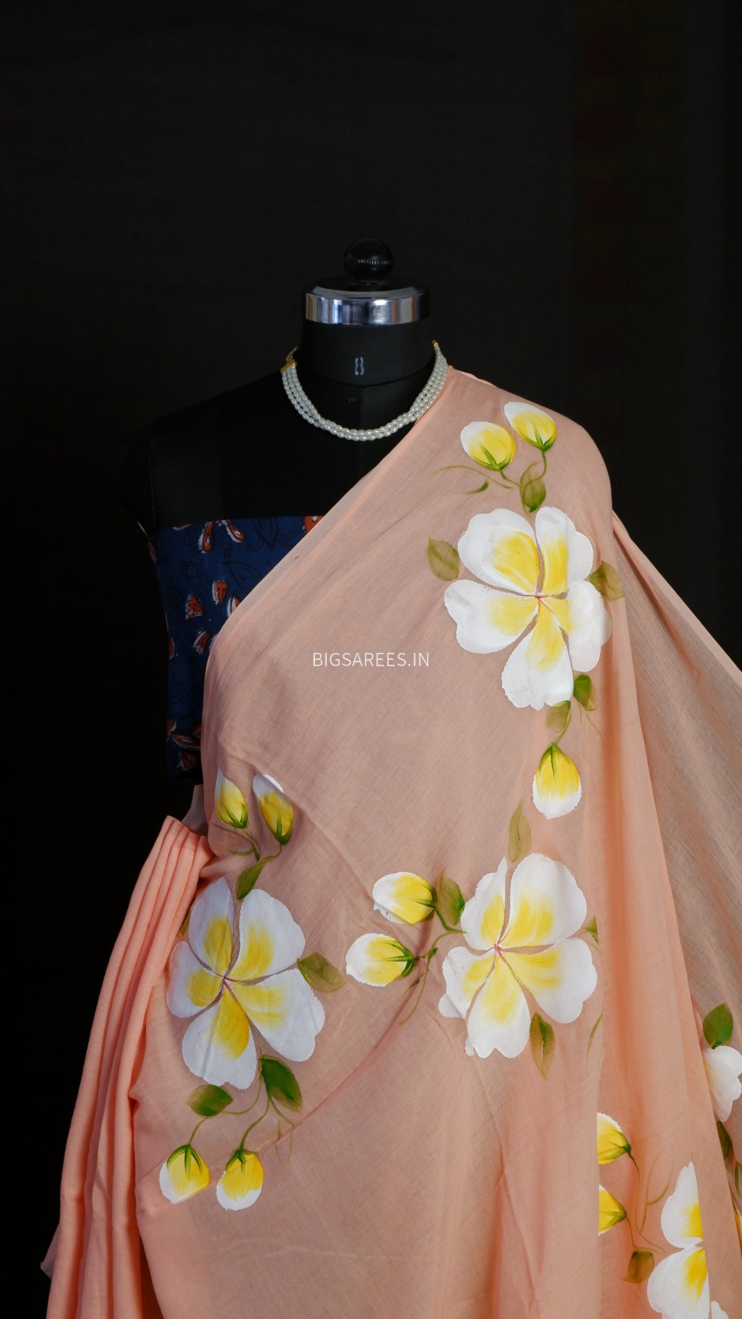 Hand Painted Mul Cotton Saree with Hand Block Printed Blouse | Peach