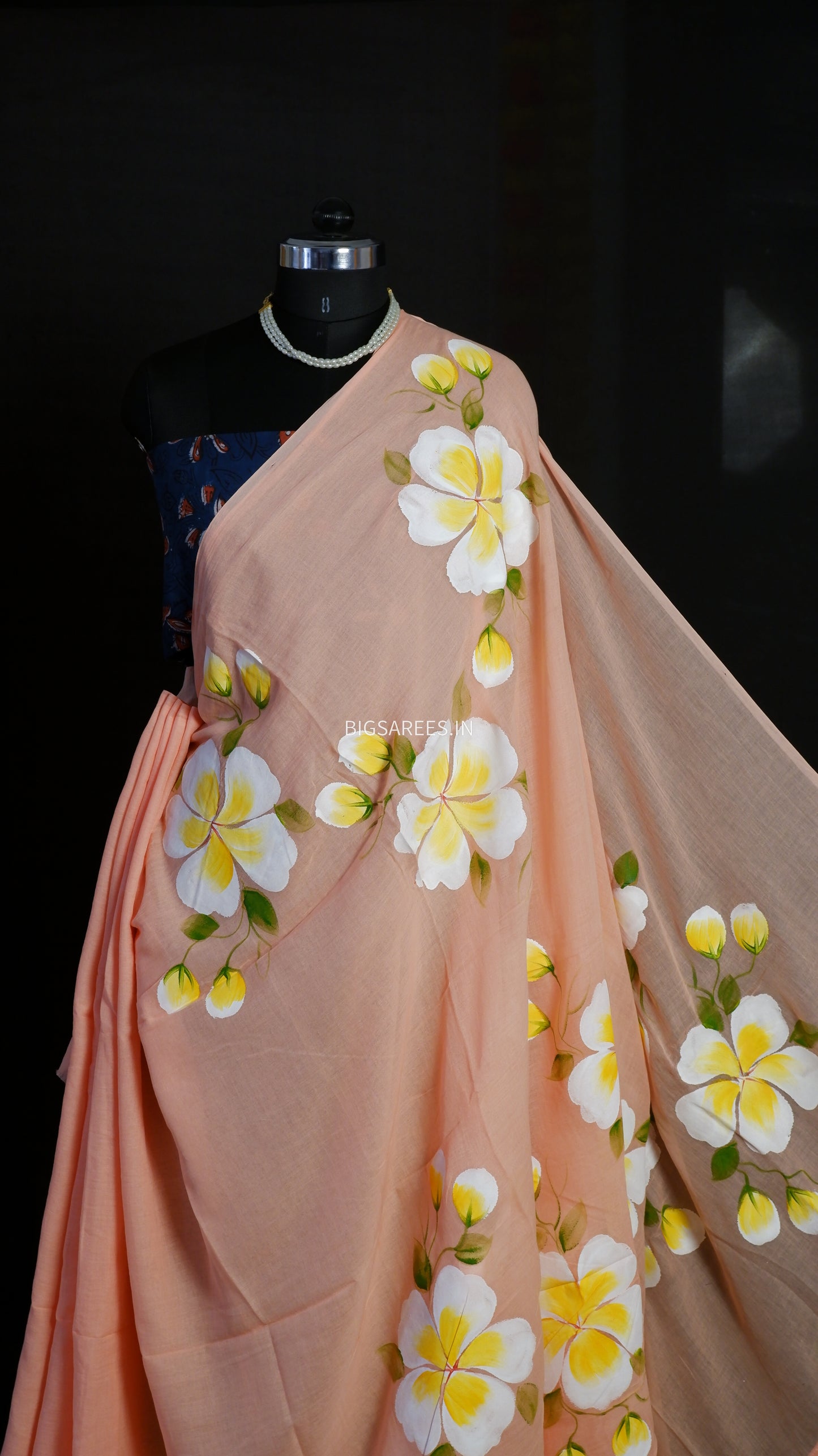 Hand Painted Mul Cotton Saree with Hand Block Printed Blouse | Peach