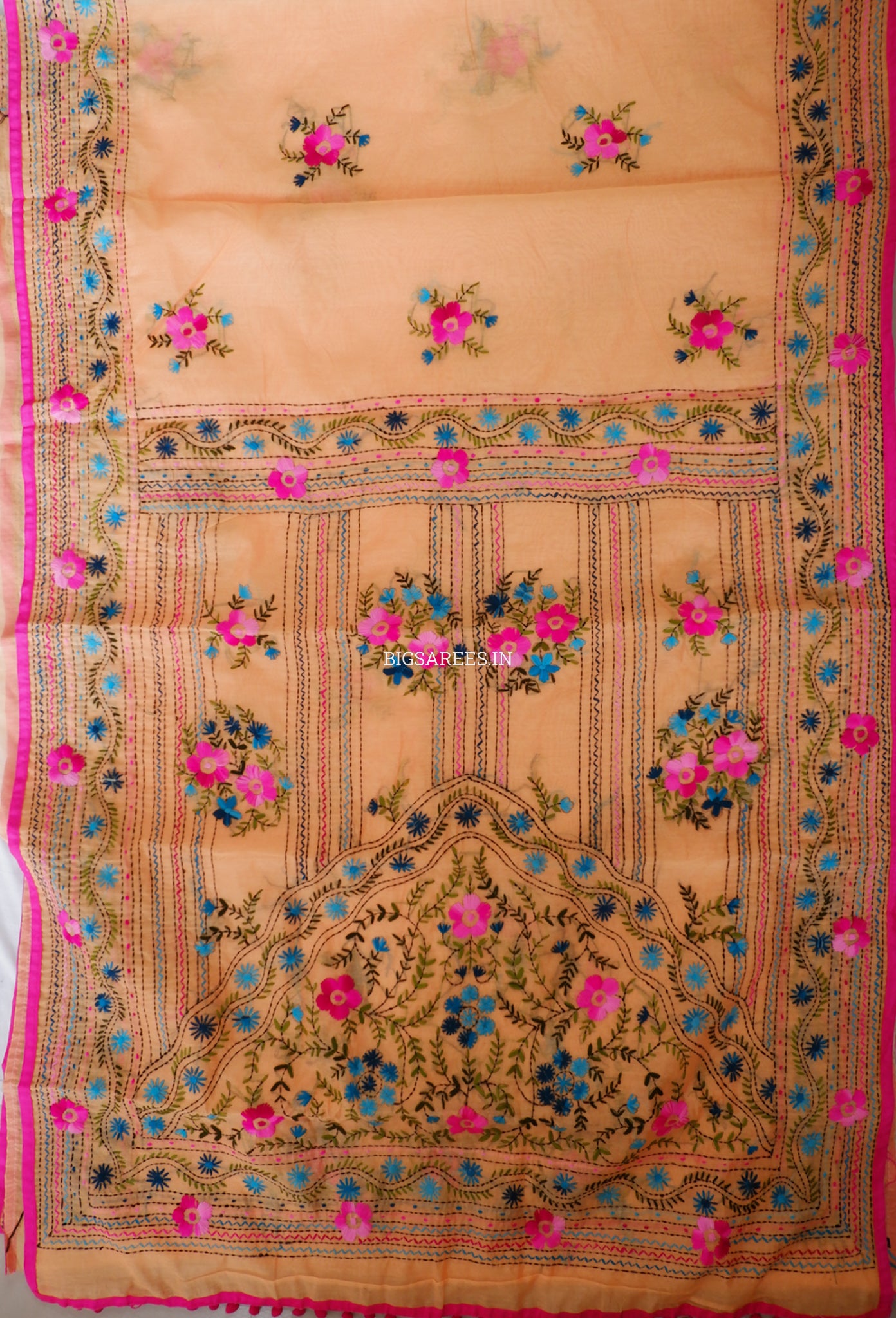 Phulkari Hand-Embroidered Saree | Chanderi Silk | Medium Chrome Yellow