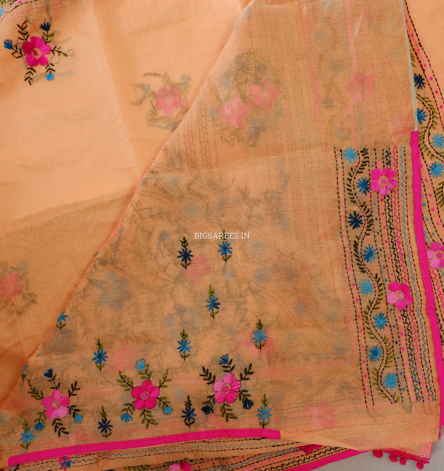 Phulkari Hand-Embroidered Saree | Chanderi Silk | Medium Chrome Yellow