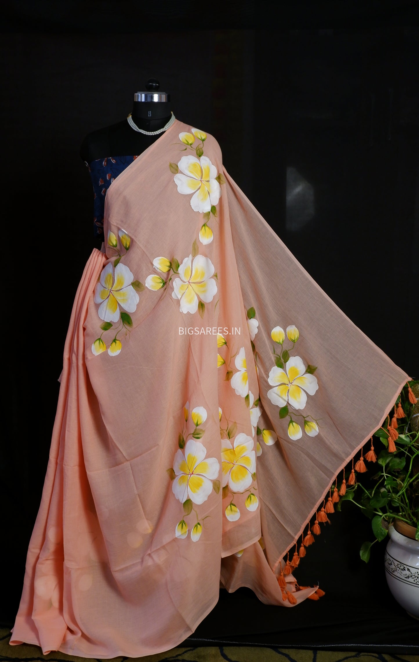 Hand Painted Mul Cotton Saree with Hand Block Printed Blouse | Peach