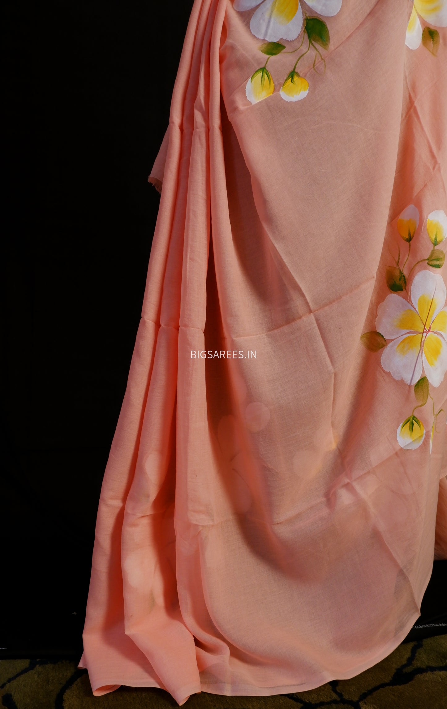 Hand Painted Mul Cotton Saree with Hand Block Printed Blouse | Peach