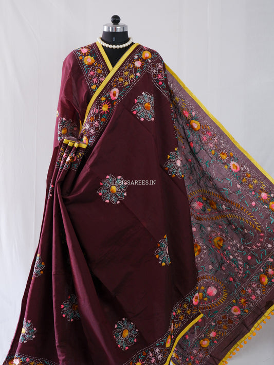 Phulkari Hand-Embroidered Saree | Chanderi Silk | Dark Maroon