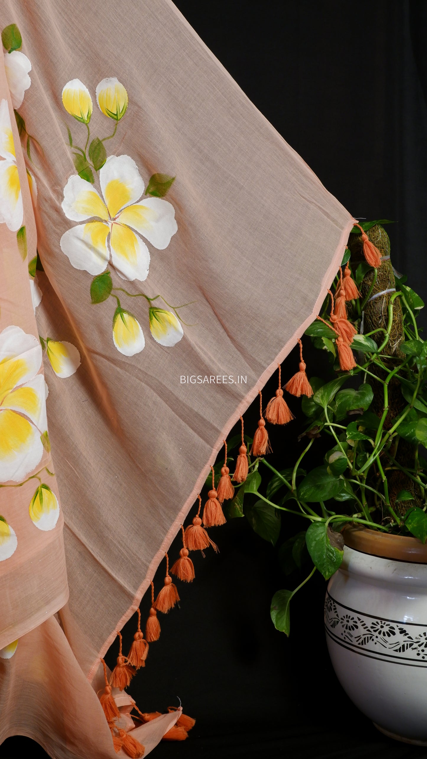 Hand Painted Mul Cotton Saree with Hand Block Printed Blouse | Peach