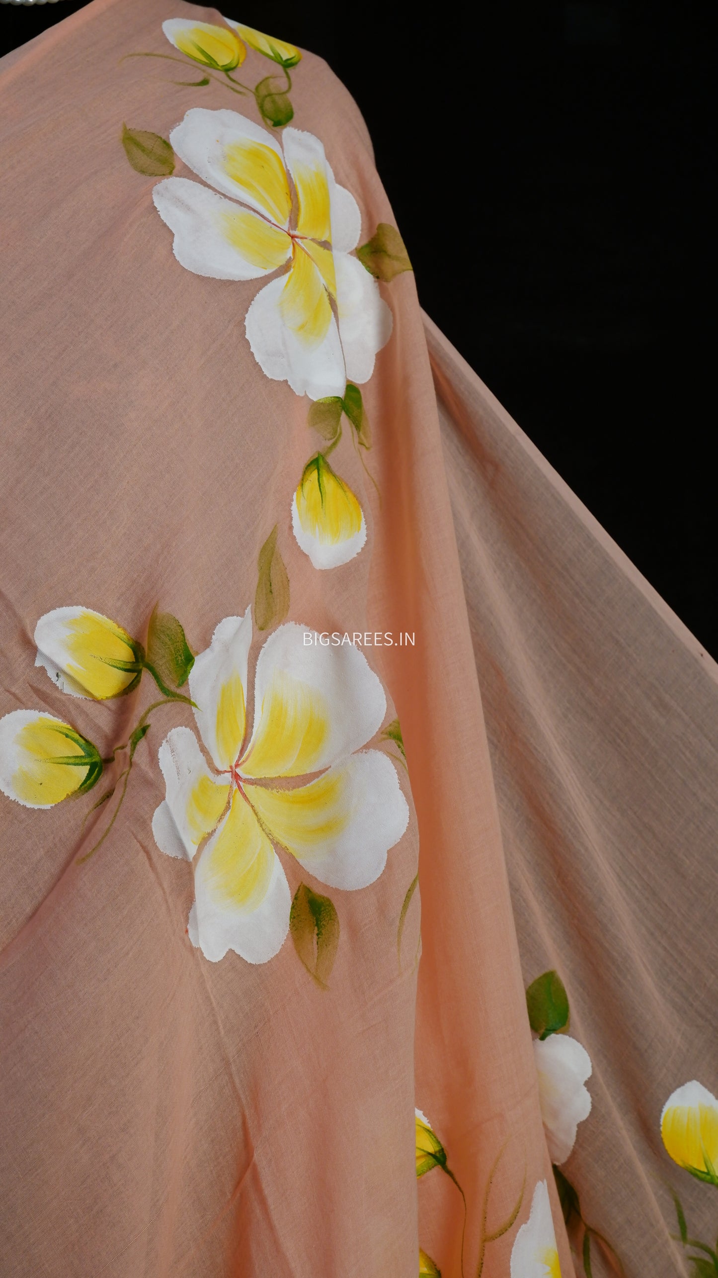 Hand Painted Mul Cotton Saree with Hand Block Printed Blouse | Peach