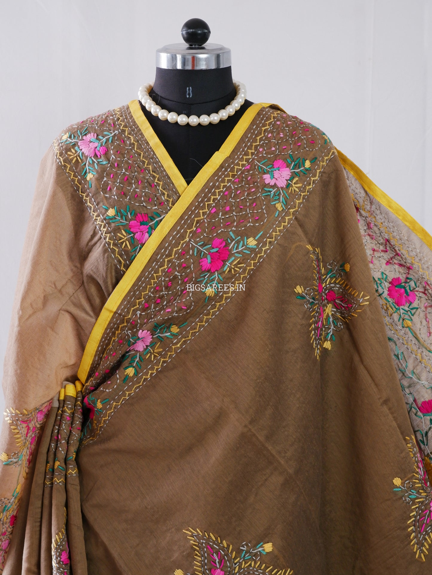 Phulkari Hand-Embroidered Saree | Chanderi Silk | Deep Olive Green