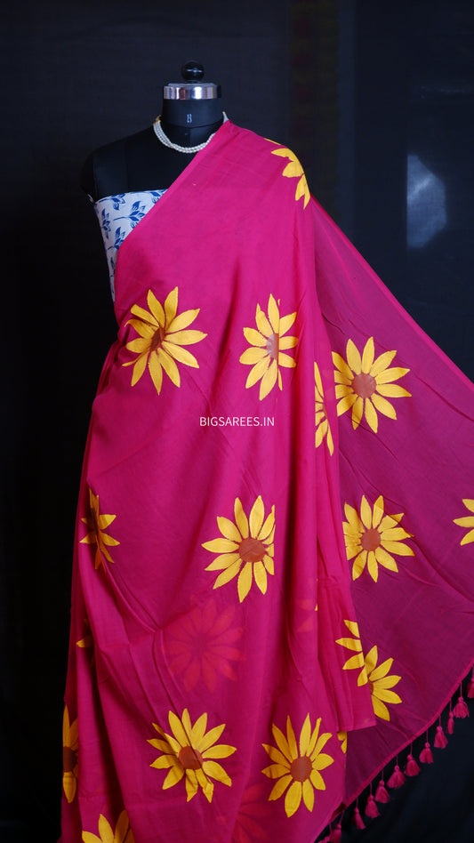 Hand Painted Mul Cotton Saree with Hand Block Printed Blouse | Magenta