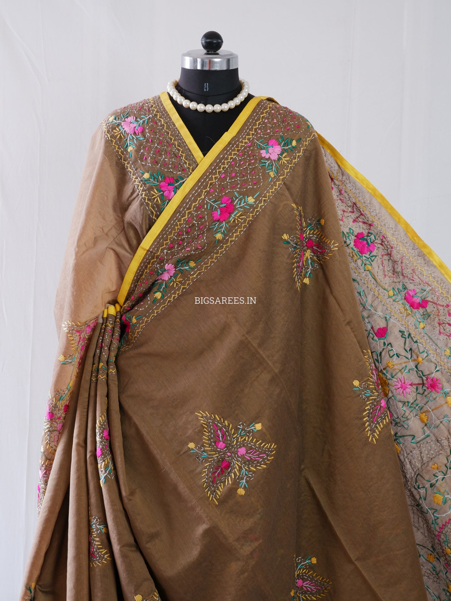 Phulkari Hand-Embroidered Saree | Chanderi Silk | Deep Olive Green