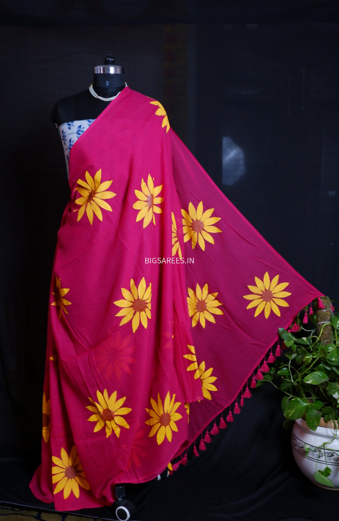 Hand Painted Mul Cotton Saree with Hand Block Printed Blouse | Magenta