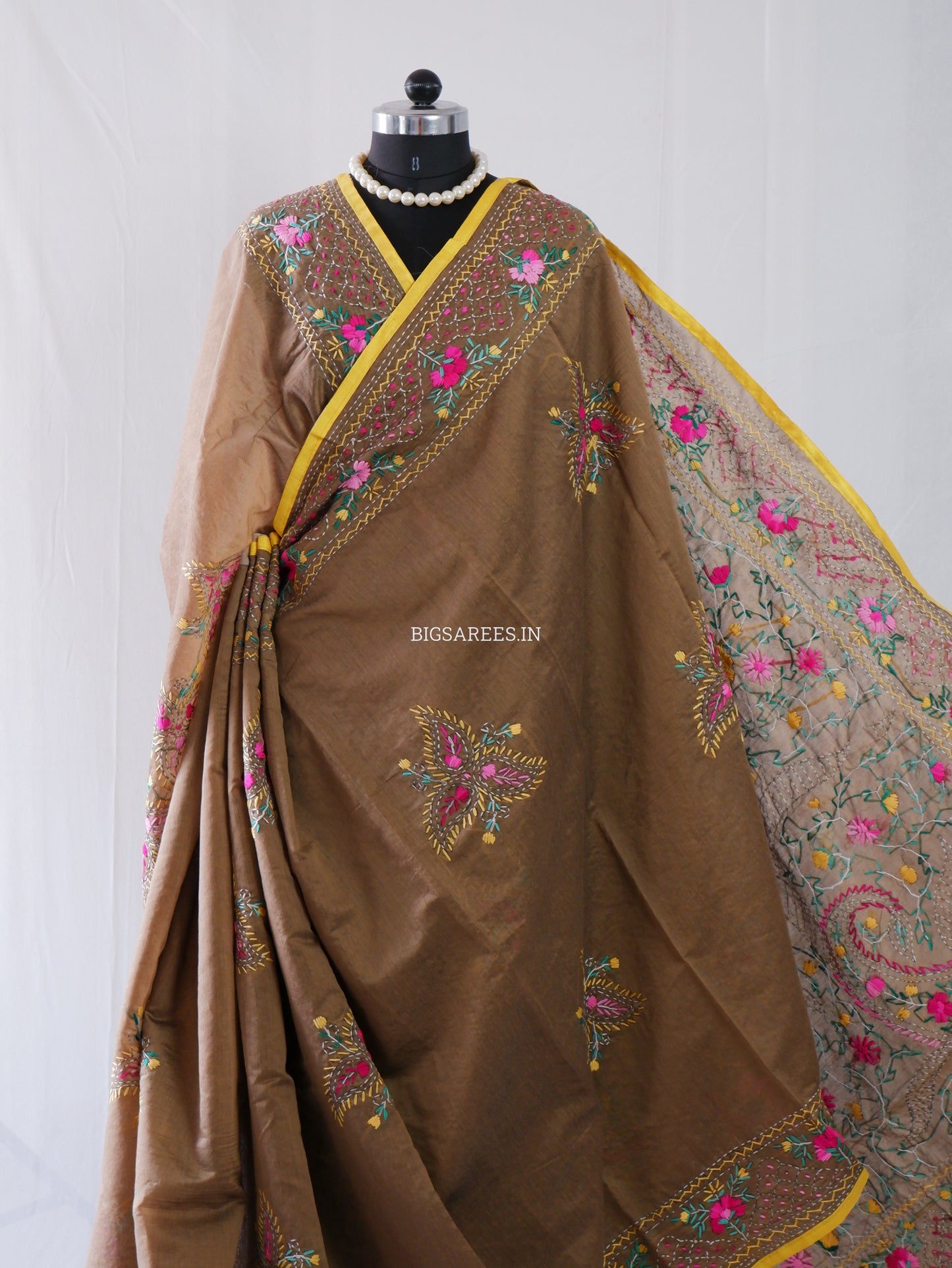 Phulkari Hand-Embroidered Saree | Chanderi Silk | Deep Olive Green