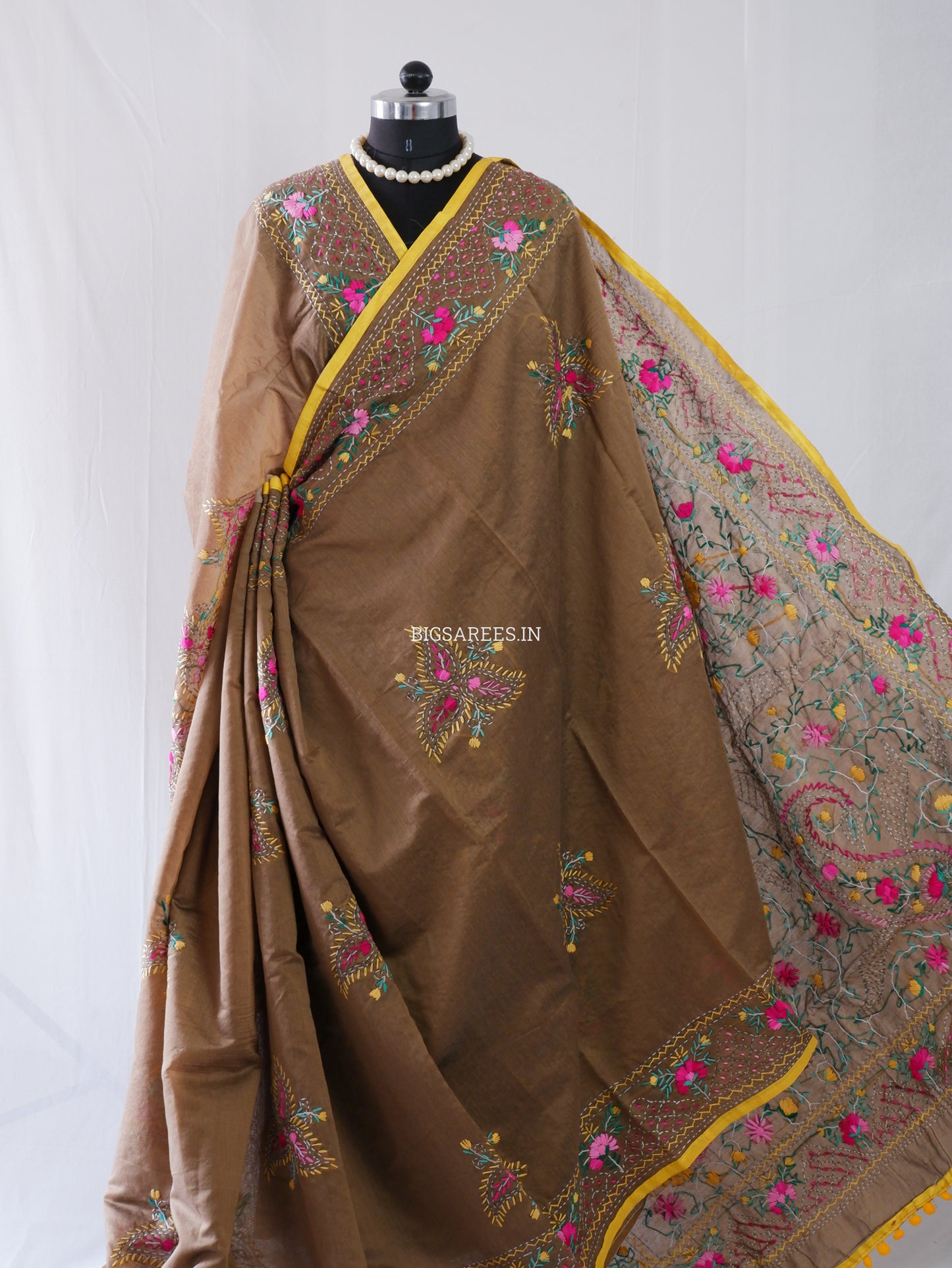 Phulkari Hand-Embroidered Saree | Chanderi Silk | Deep Olive Green