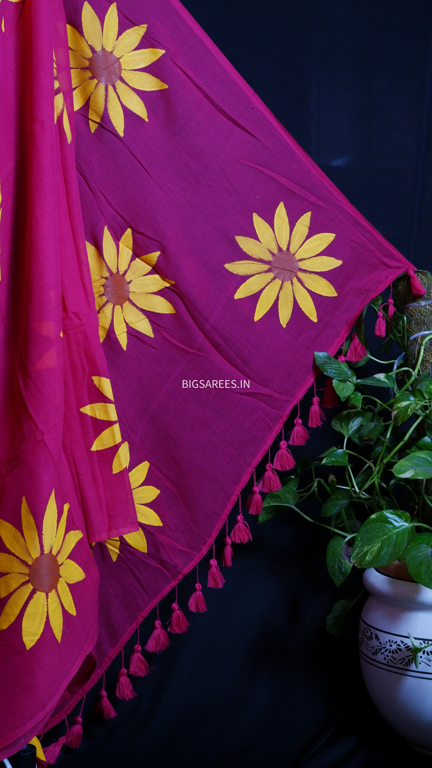 Hand Painted Mul Cotton Saree with Hand Block Printed Blouse | Magenta