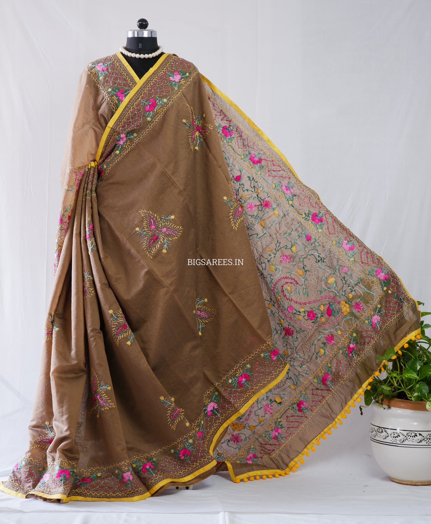 Phulkari Hand-Embroidered Saree | Chanderi Silk | Deep Olive Green