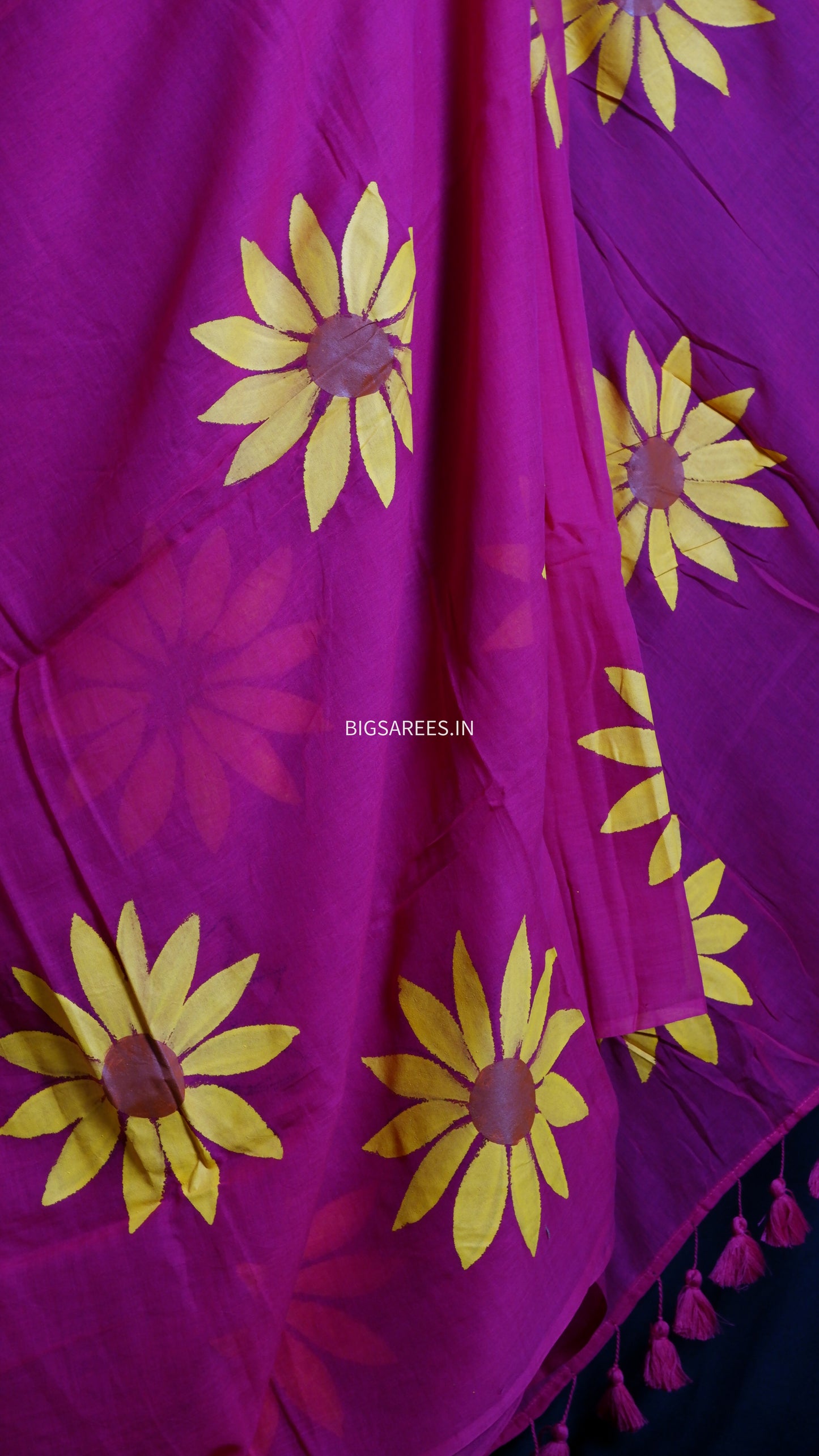 Hand Painted Mul Cotton Saree with Hand Block Printed Blouse | Magenta