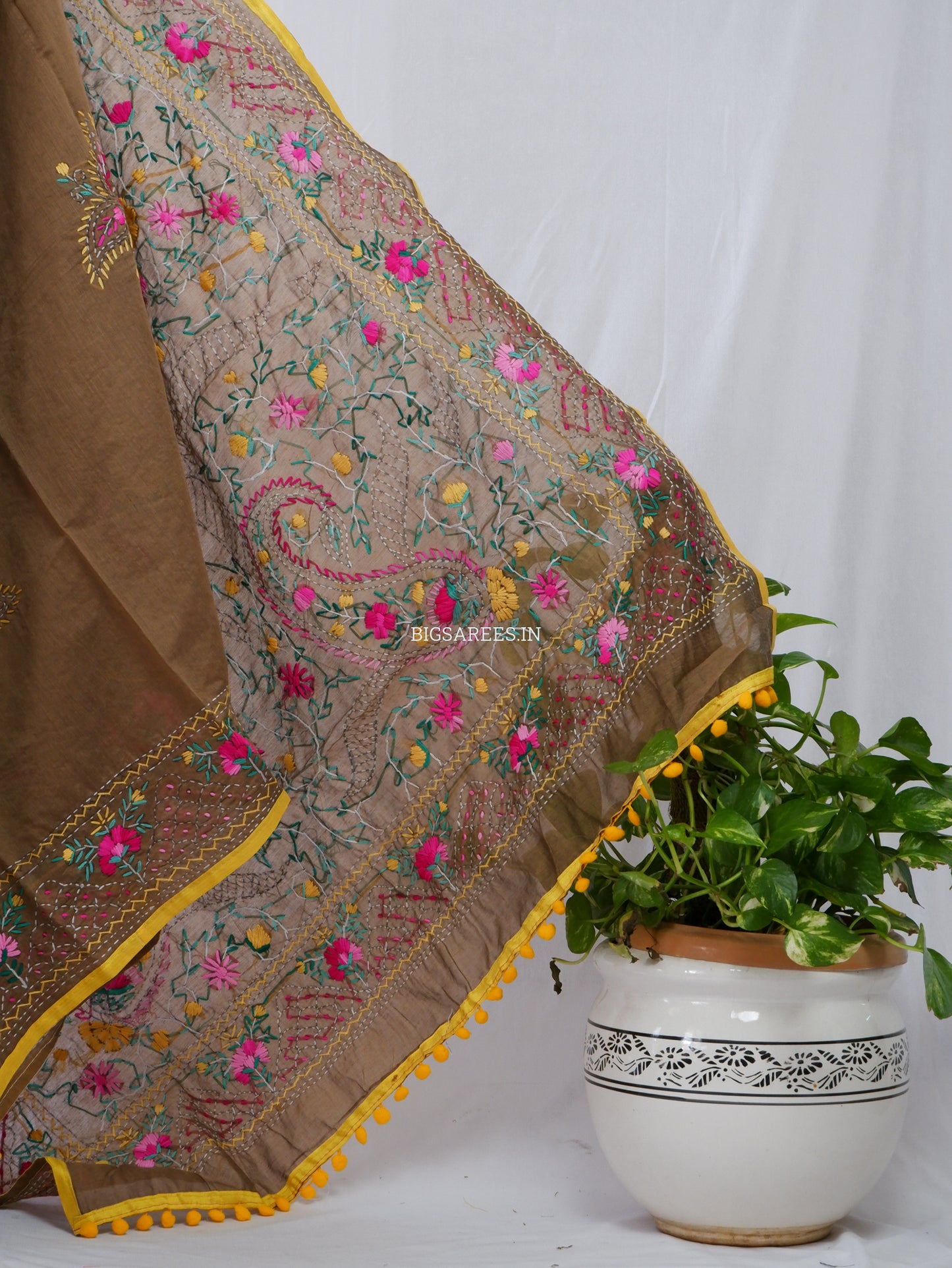 Phulkari Hand-Embroidered Saree | Chanderi Silk | Deep Olive Green