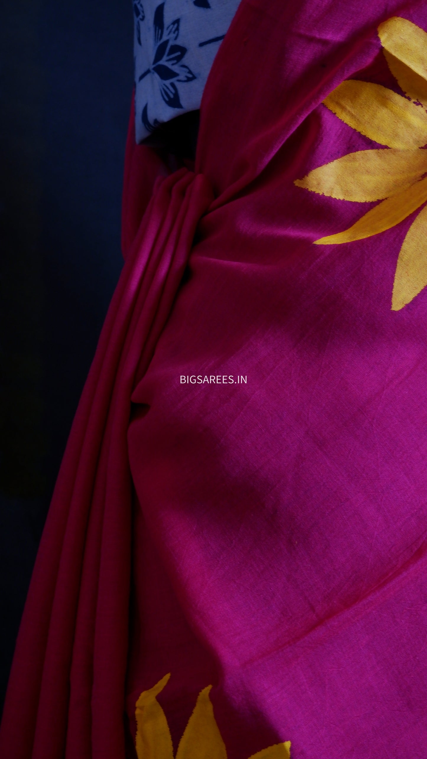 Hand Painted Mul Cotton Saree with Hand Block Printed Blouse | Magenta