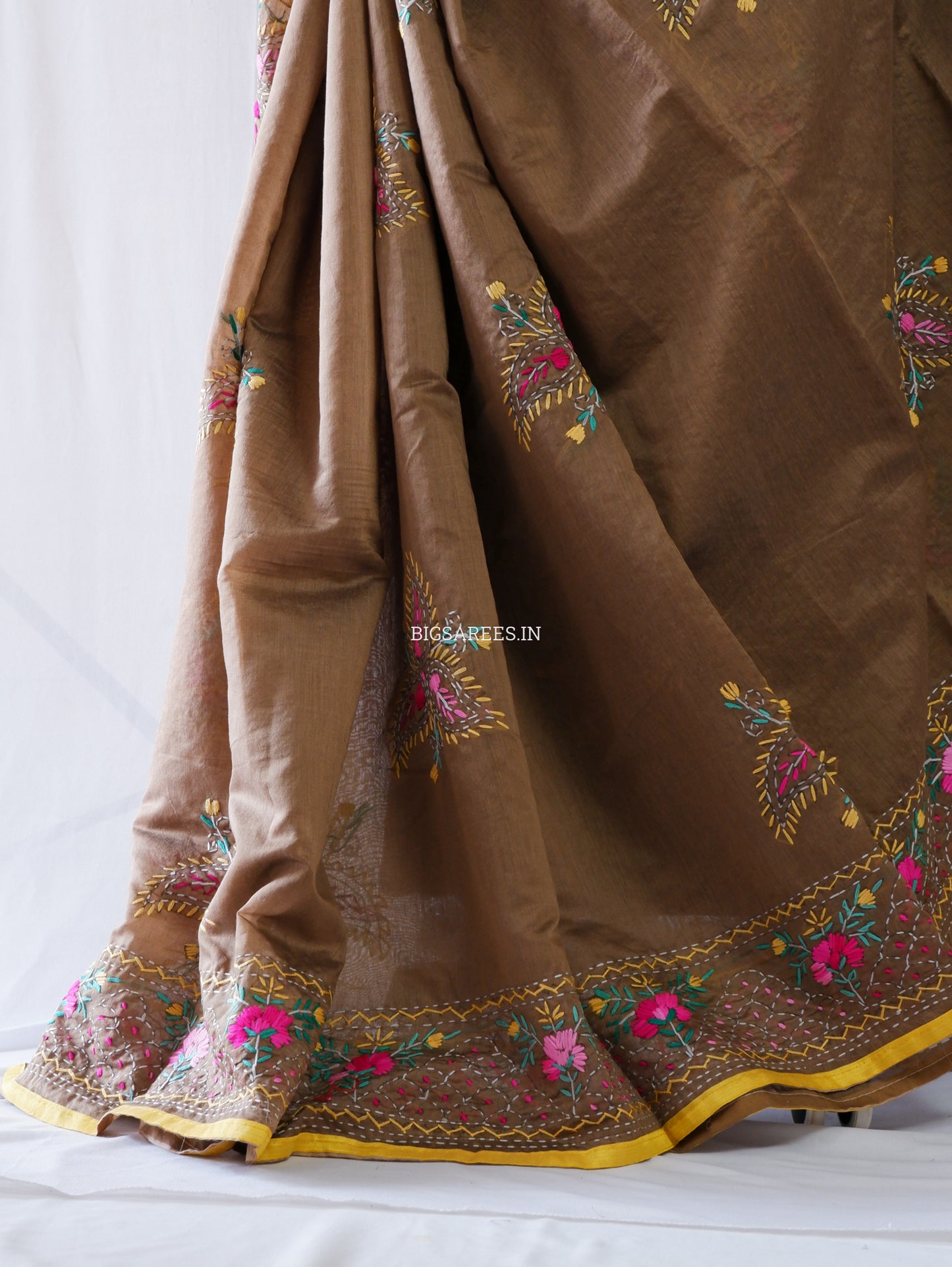 Phulkari Hand-Embroidered Saree | Chanderi Silk | Deep Olive Green