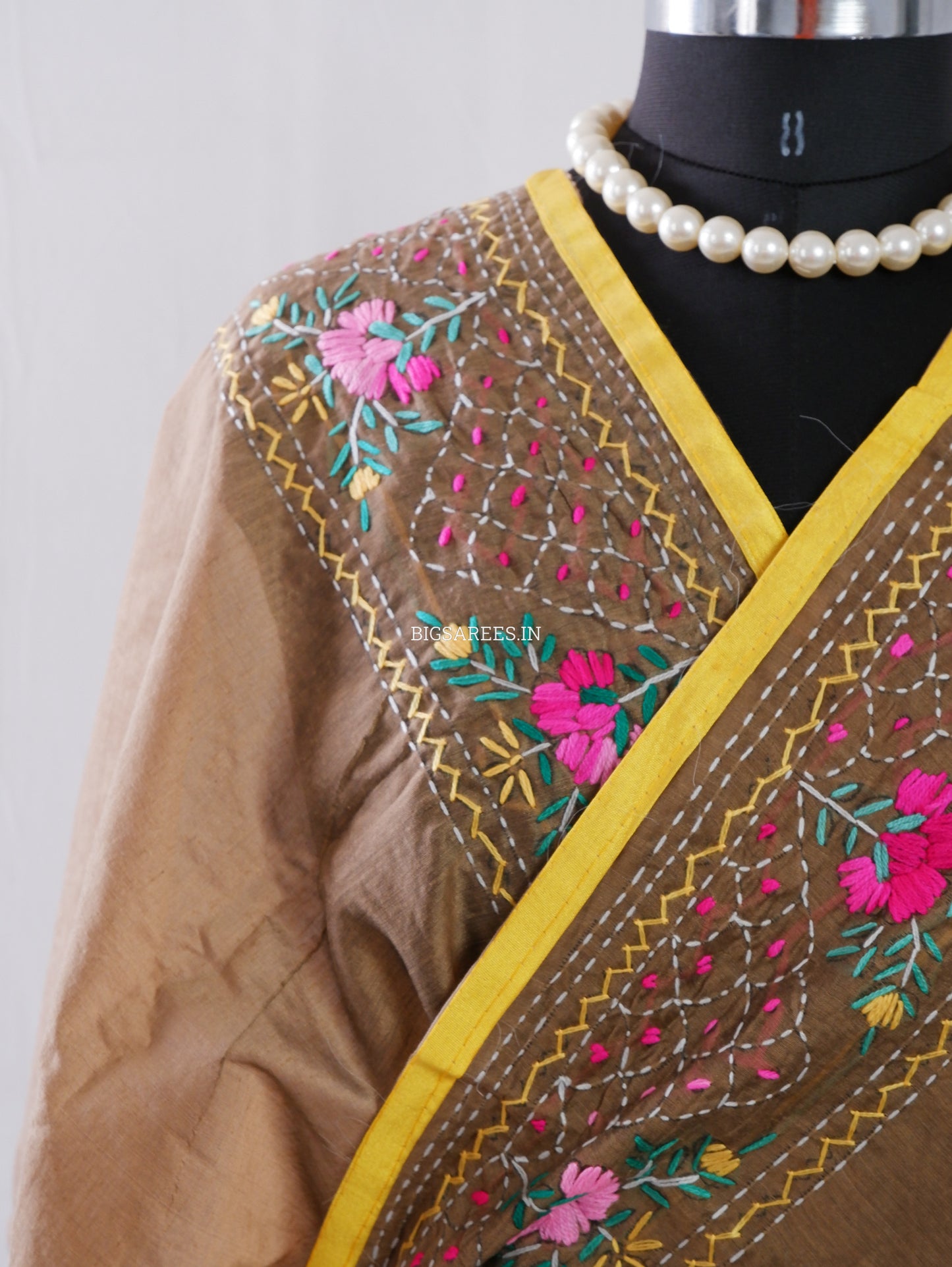 Phulkari Hand-Embroidered Saree | Chanderi Silk | Deep Olive Green