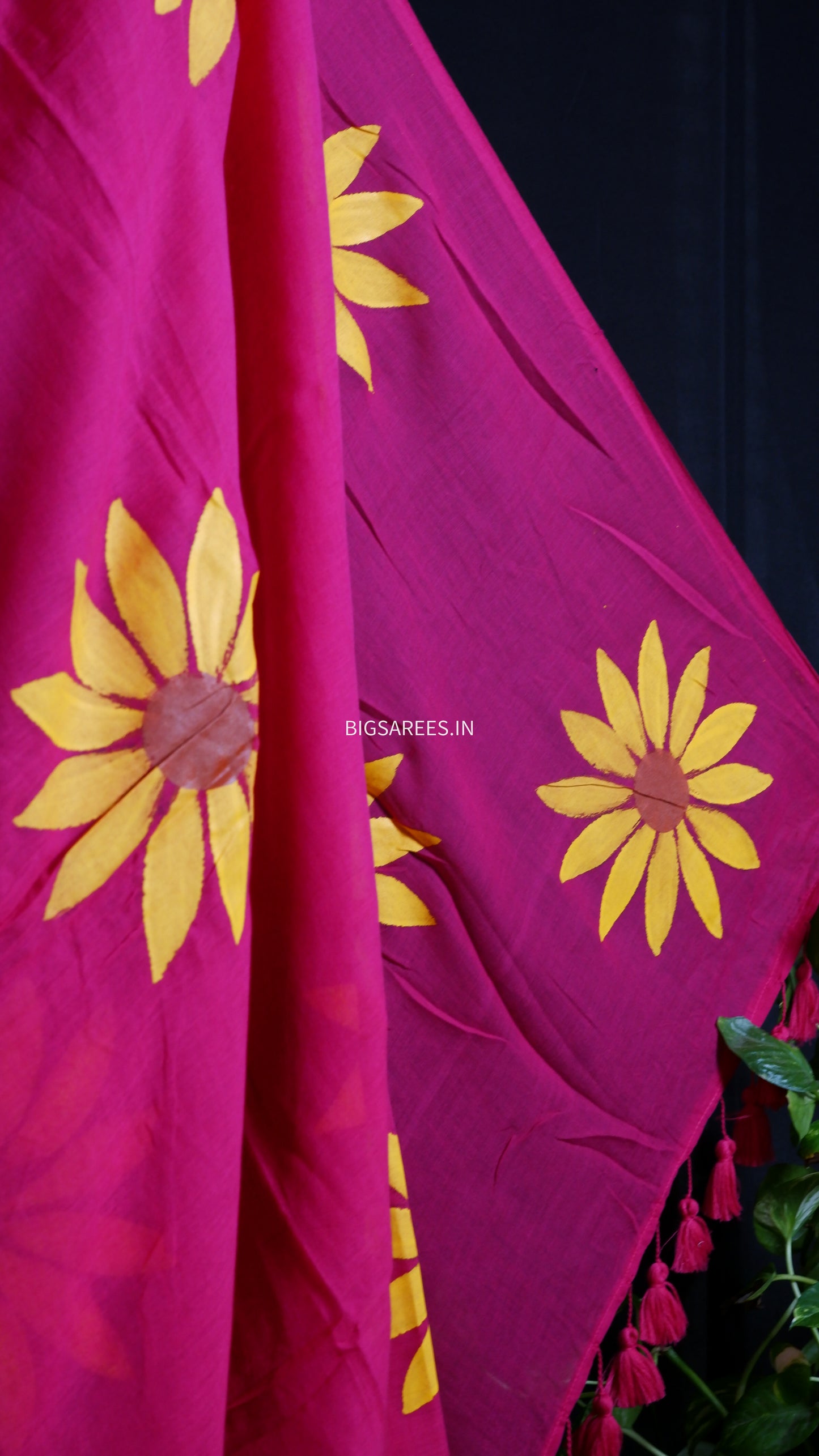 Hand Painted Mul Cotton Saree with Hand Block Printed Blouse | Magenta
