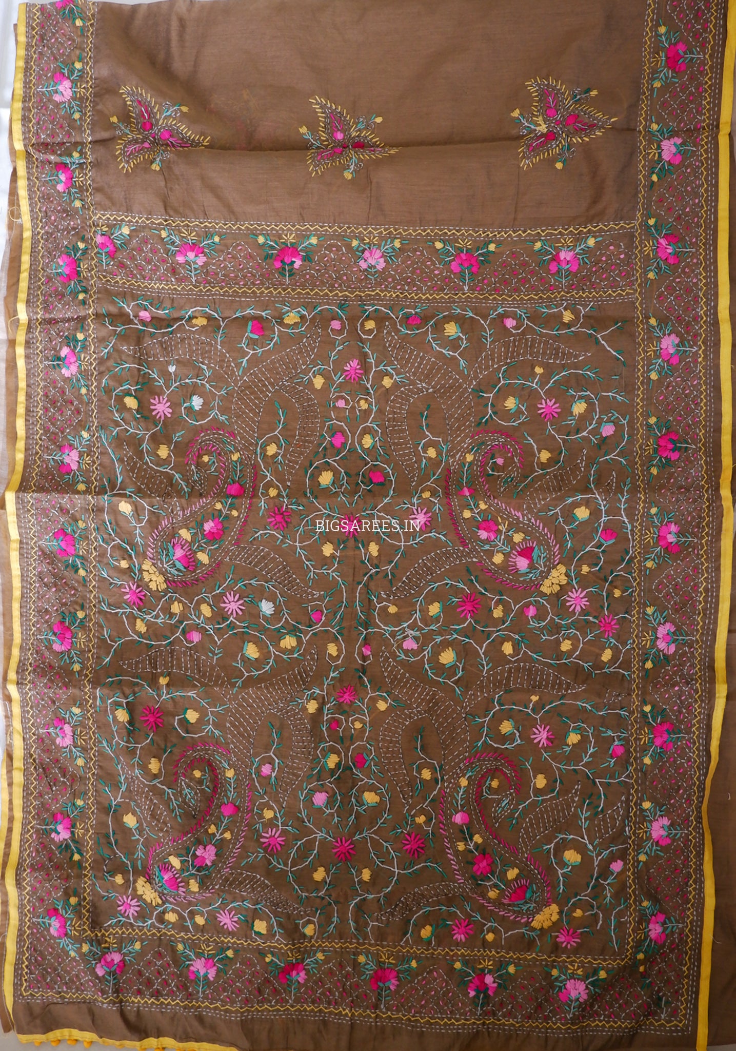 Phulkari Hand-Embroidered Saree | Chanderi Silk | Deep Olive Green