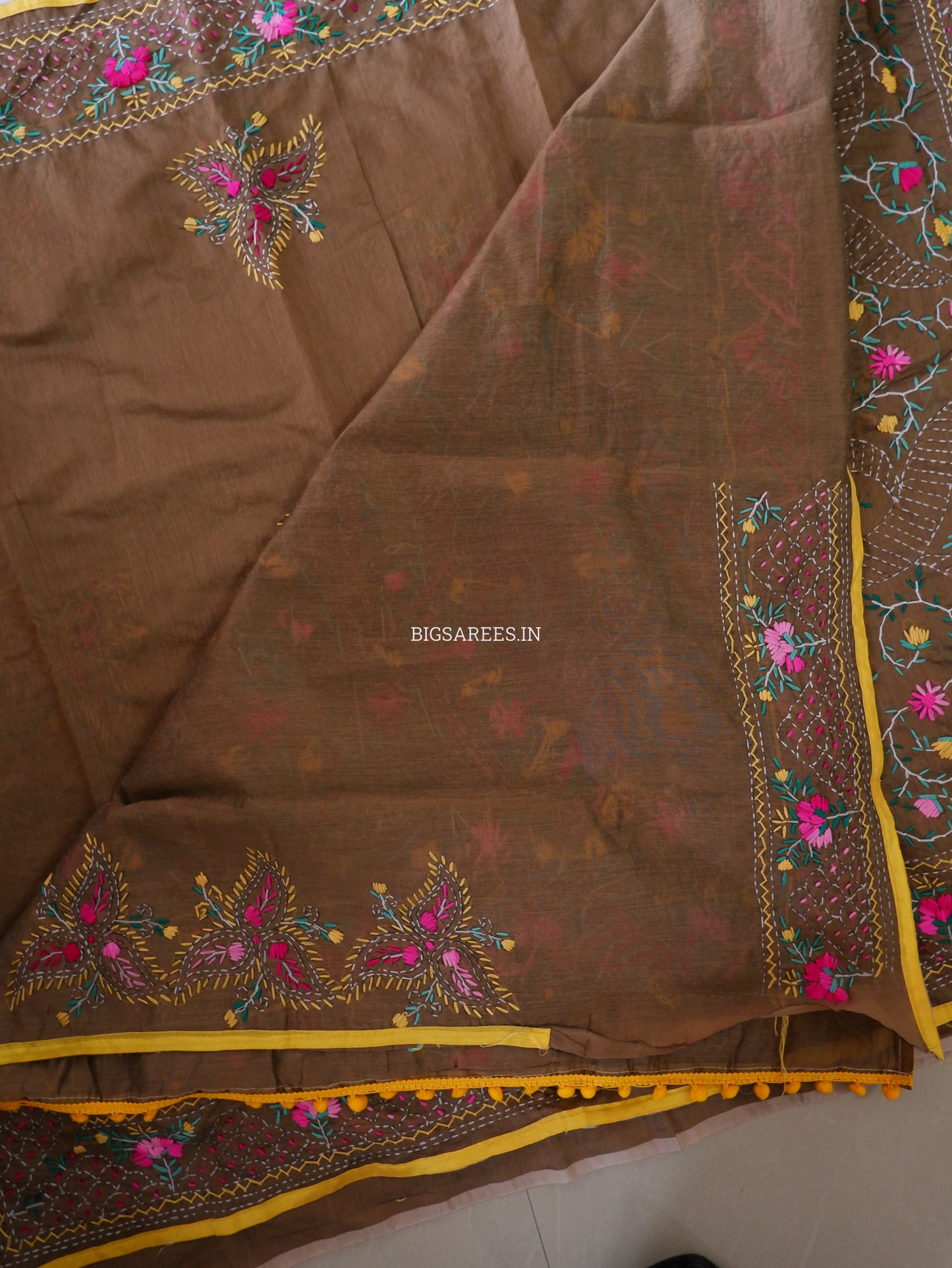 Phulkari Hand-Embroidered Saree | Chanderi Silk | Deep Olive Green