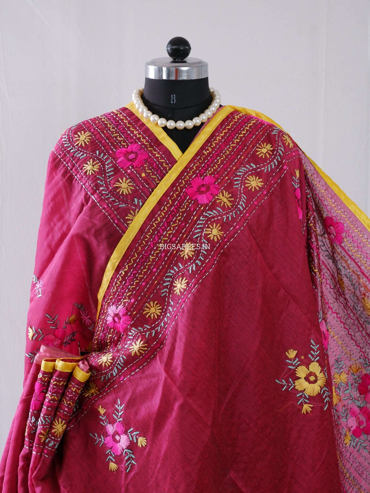 Phulkari Hand-Embroidered Saree | Chanderi Silk | Light Maroon