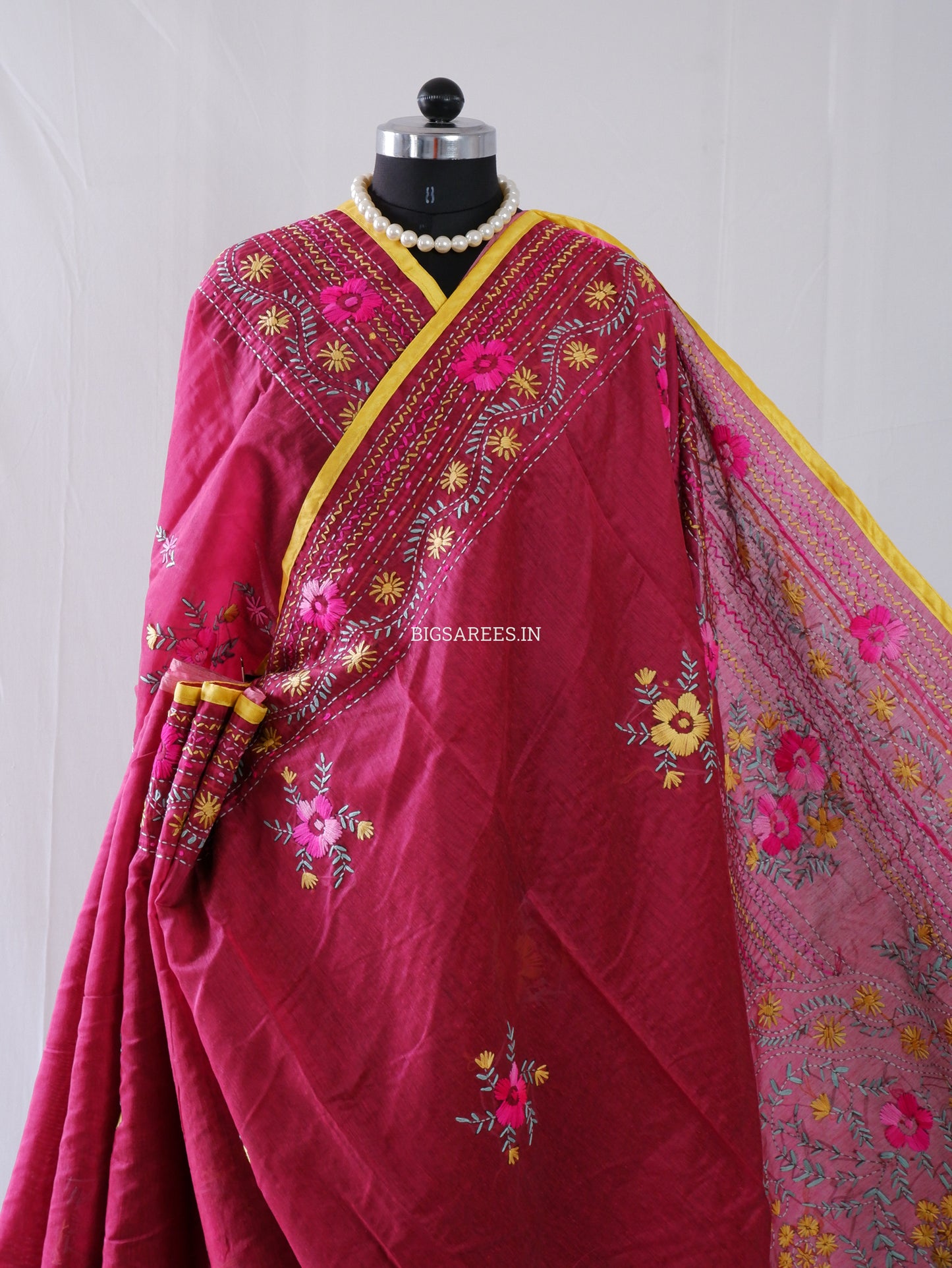Phulkari Hand-Embroidered Saree | Chanderi Silk | Light Maroon