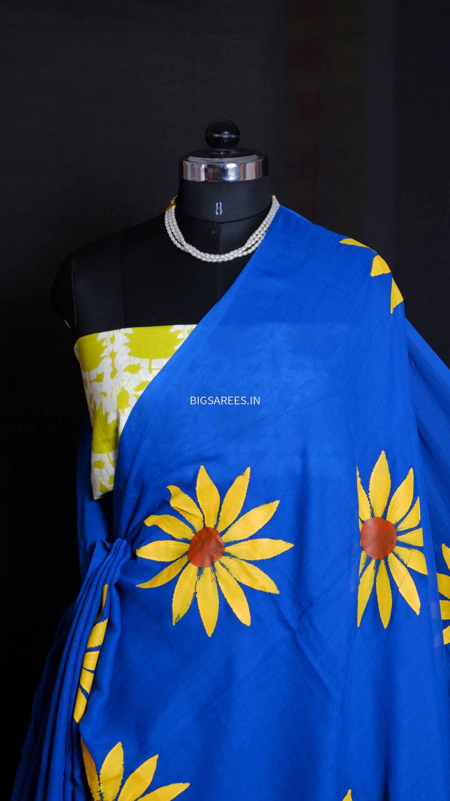 Hand Painted Mul Cotton Saree with Hand Block Printed Blouse | Blue