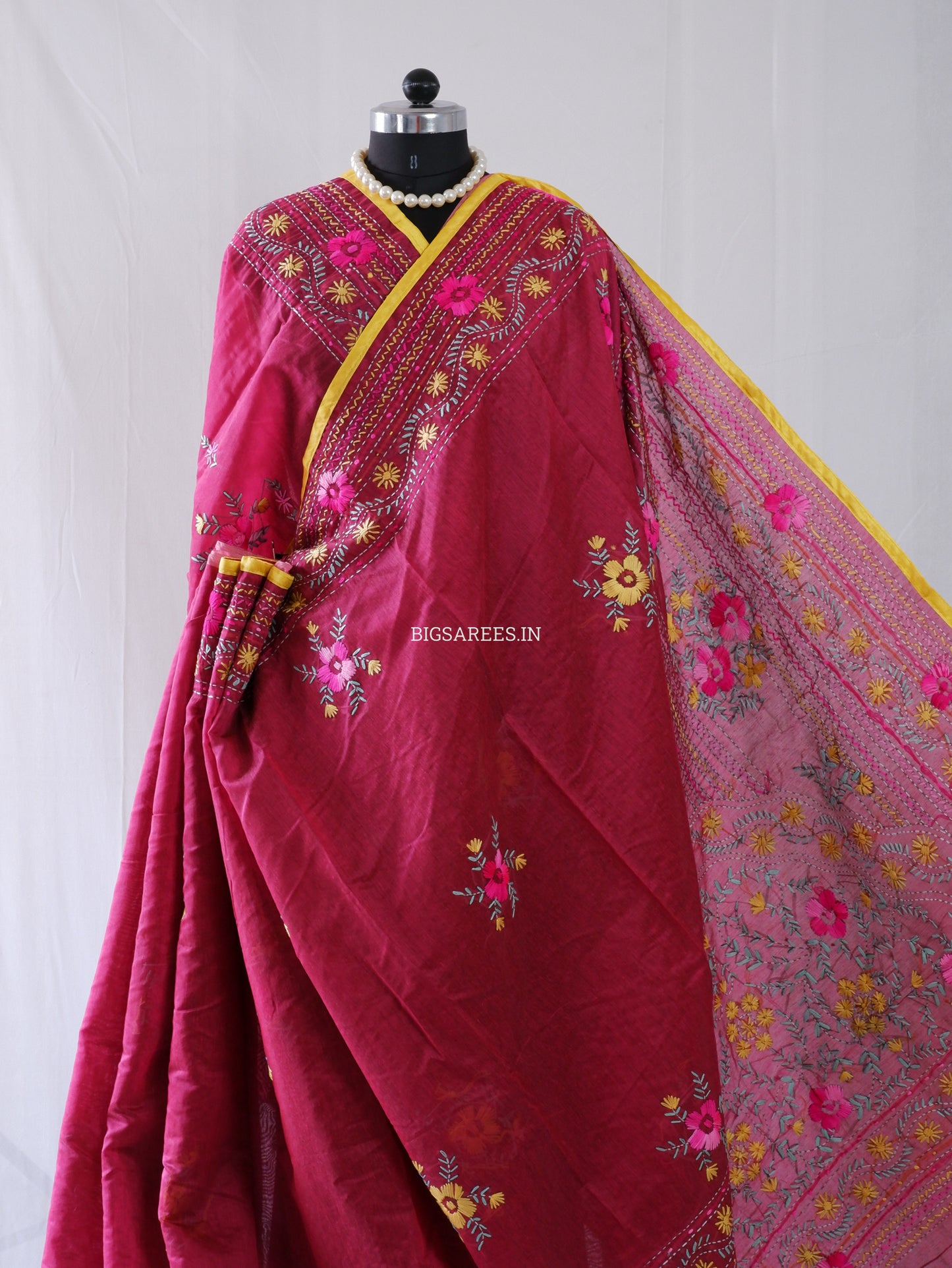 Phulkari Hand-Embroidered Saree | Chanderi Silk | Light Maroon
