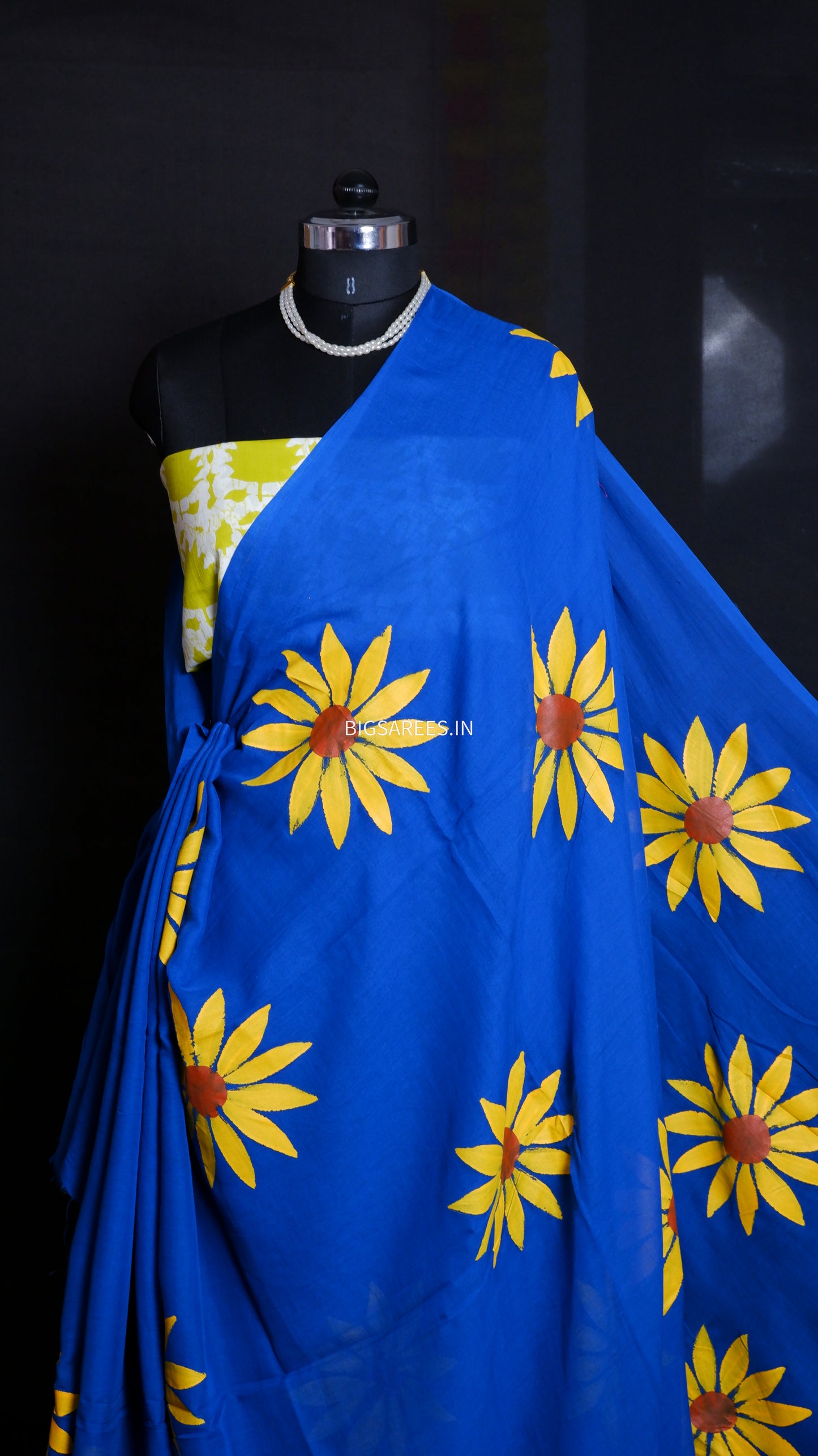 Hand Painted Mul Cotton Saree with Hand Block Printed Blouse | Blue