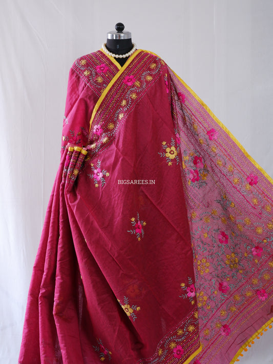 Phulkari Hand-Embroidered Saree | Chanderi Silk | Light Maroon
