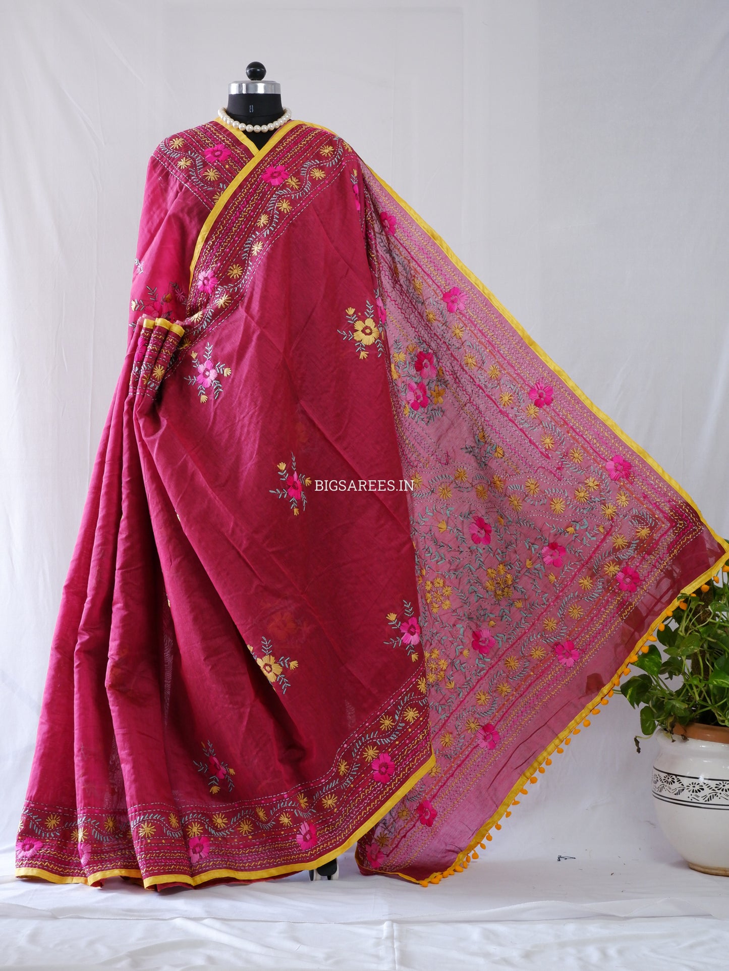 Phulkari Hand-Embroidered Saree | Chanderi Silk | Light Maroon