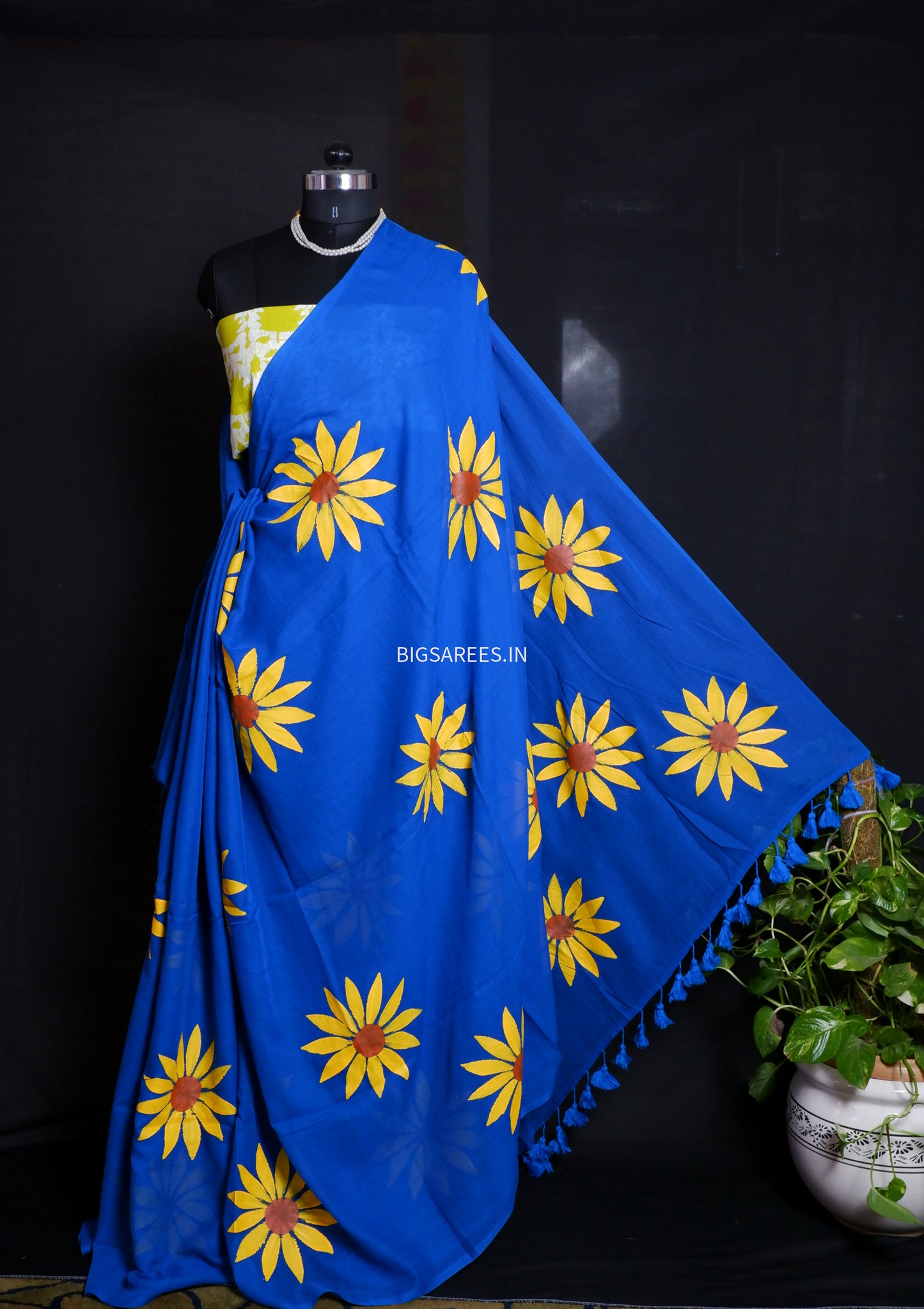Hand Painted Mul Cotton Saree with Hand Block Printed Blouse | Blue