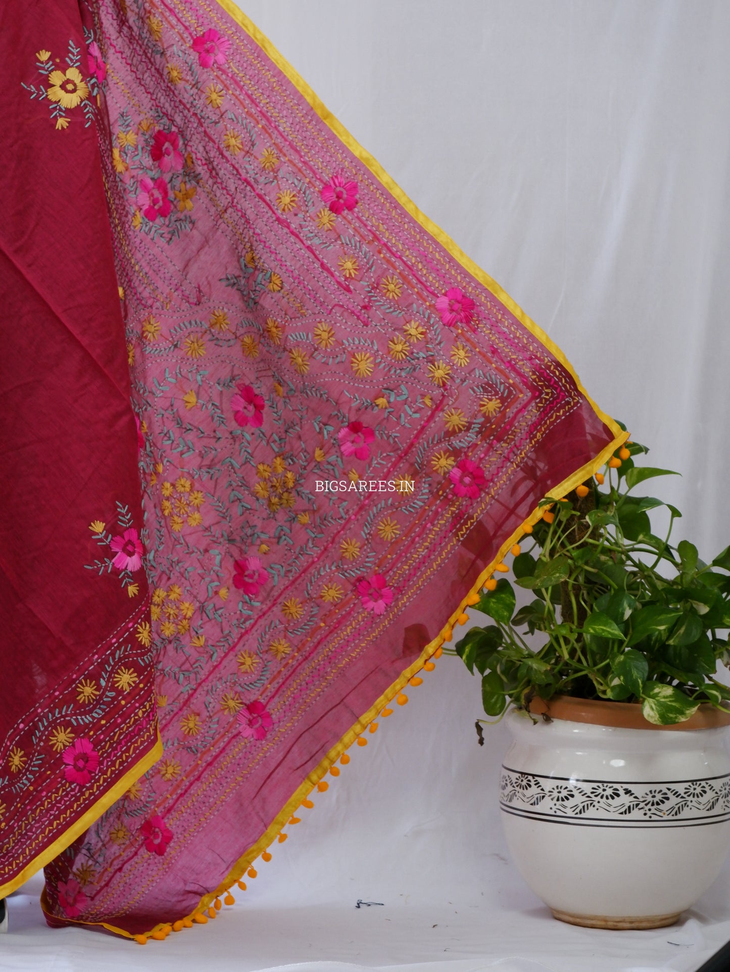 Phulkari Hand-Embroidered Saree | Chanderi Silk | Light Maroon