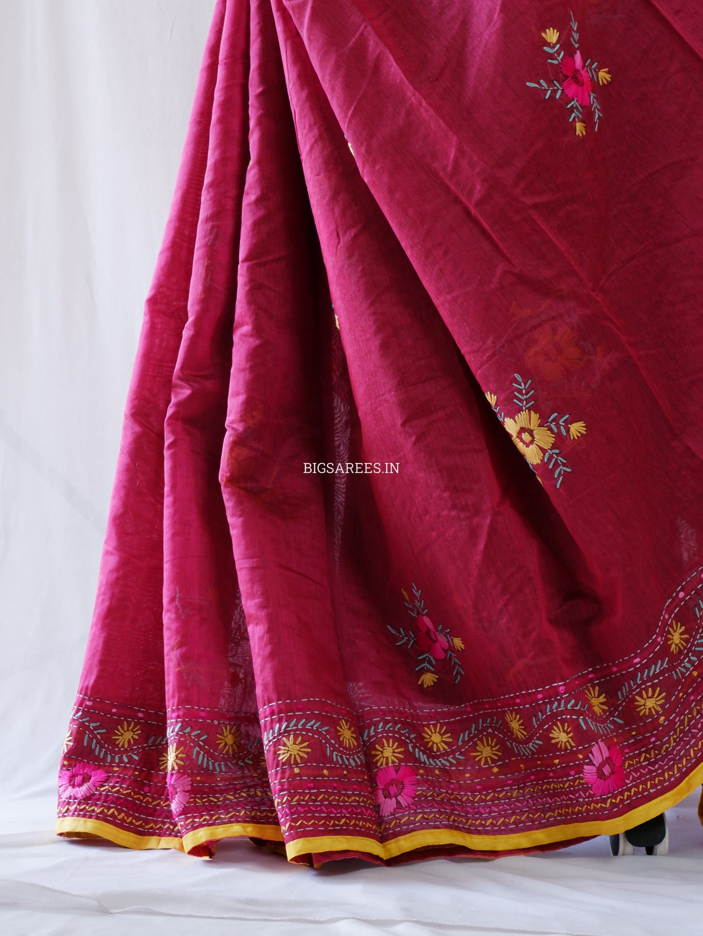 Phulkari Hand-Embroidered Saree | Chanderi Silk | Light Maroon