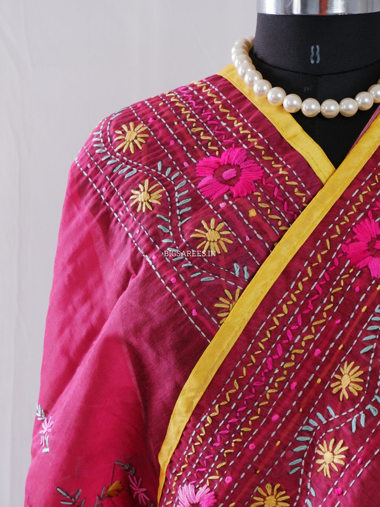 Phulkari Hand-Embroidered Saree | Chanderi Silk | Light Maroon