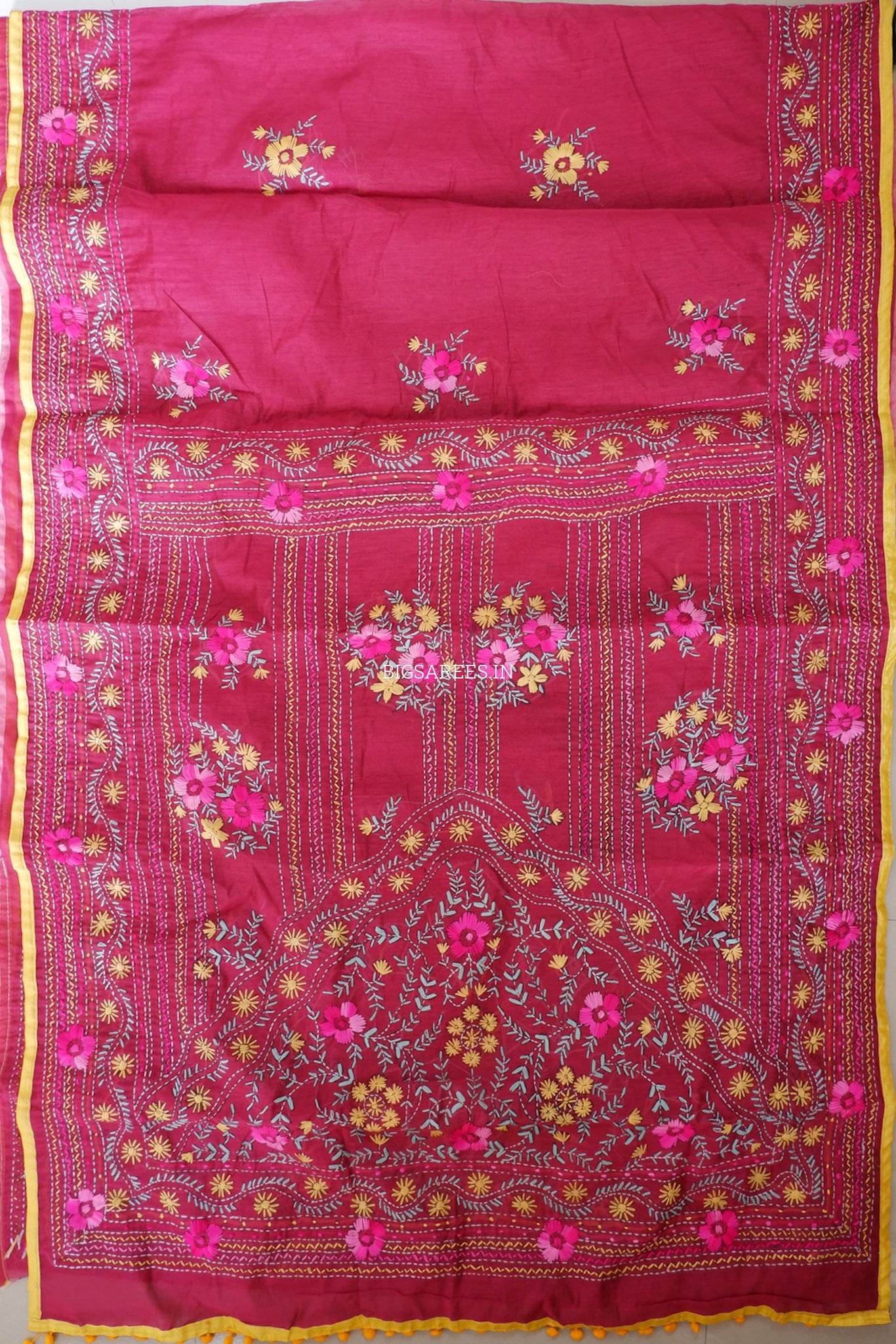 Phulkari Hand-Embroidered Saree | Chanderi Silk | Light Maroon