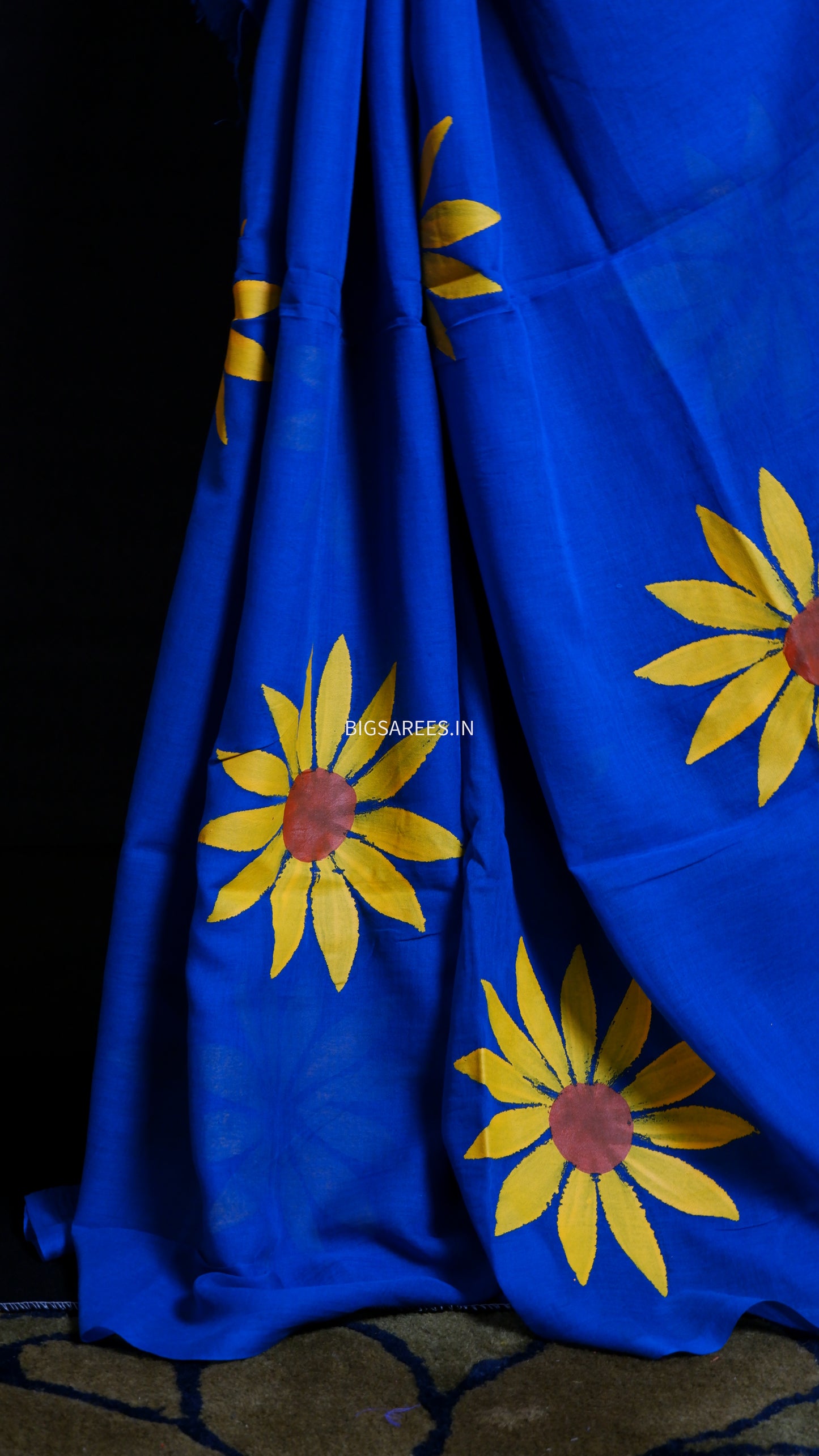 Hand Painted Mul Cotton Saree with Hand Block Printed Blouse | Blue