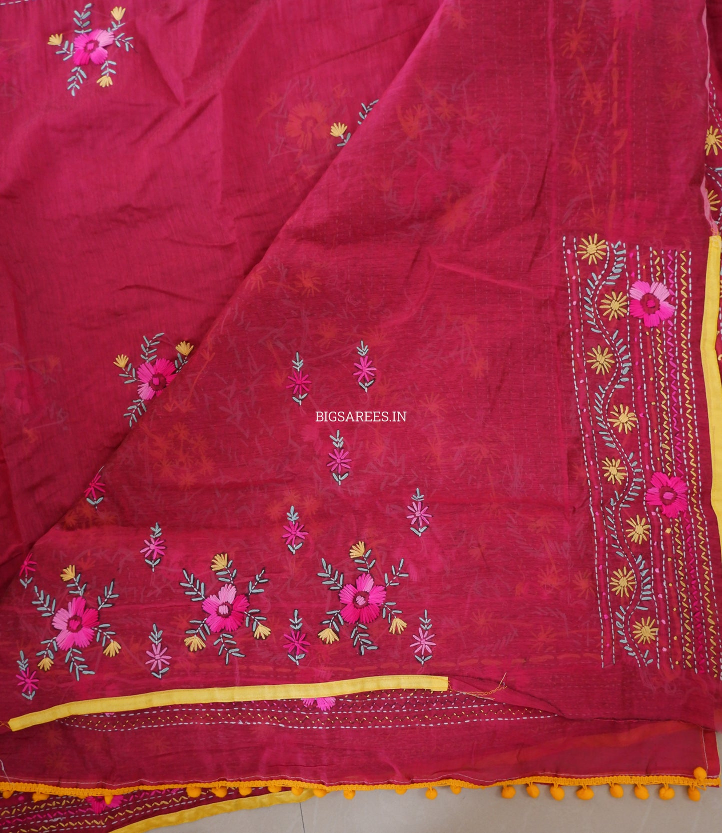 Phulkari Hand-Embroidered Saree | Chanderi Silk | Light Maroon