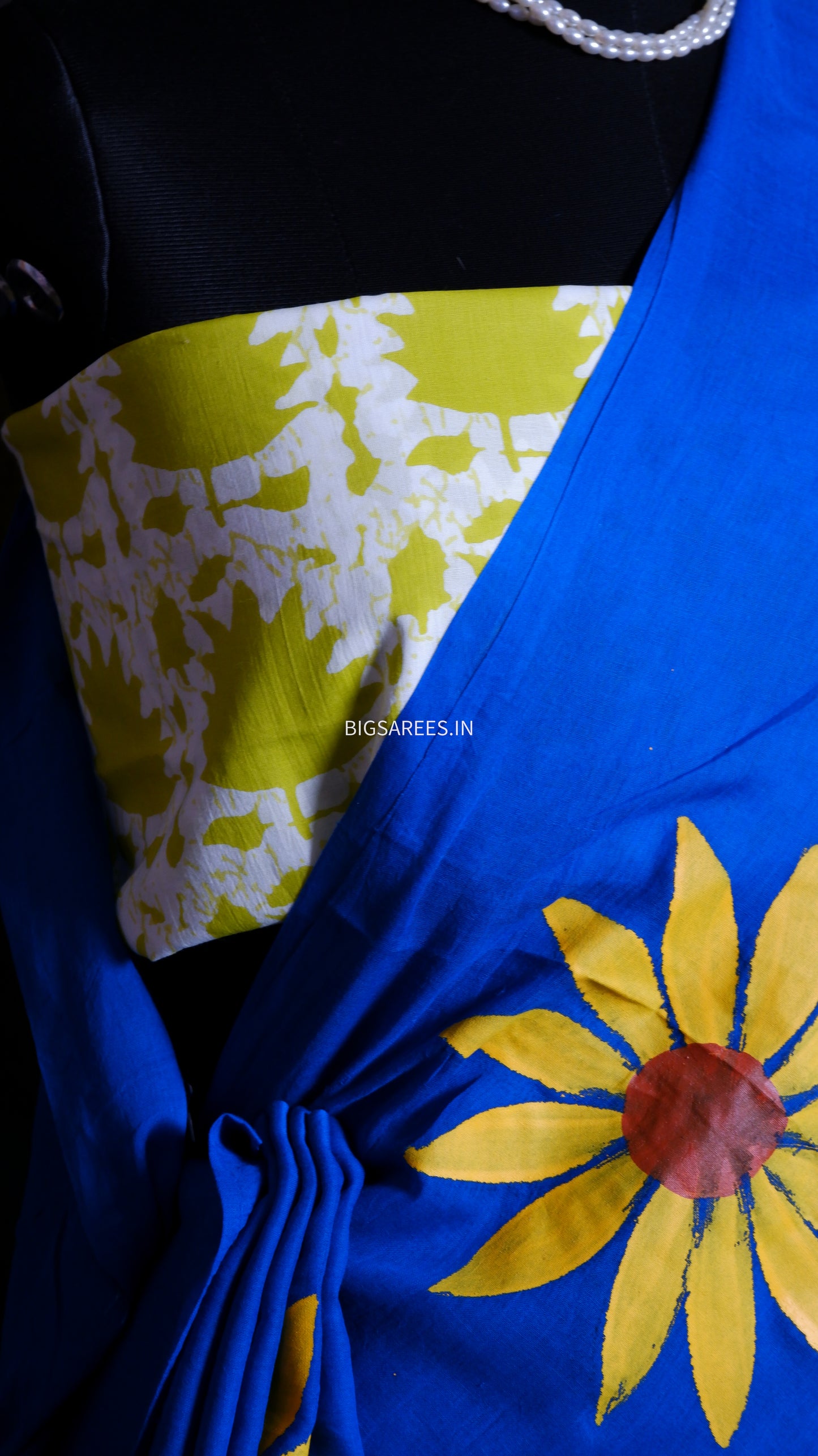 Hand Painted Mul Cotton Saree with Hand Block Printed Blouse | Blue