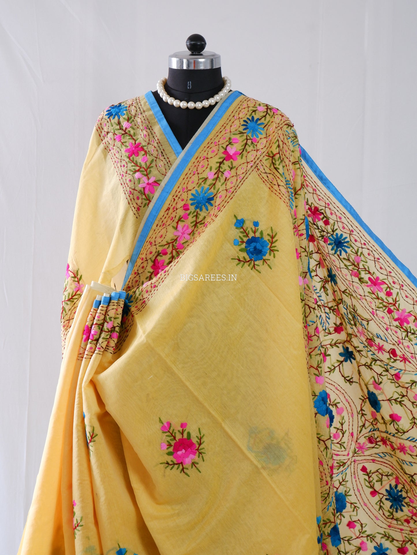 Phulkari Hand-Embroidered Saree | Chanderi Silk | Yellow
