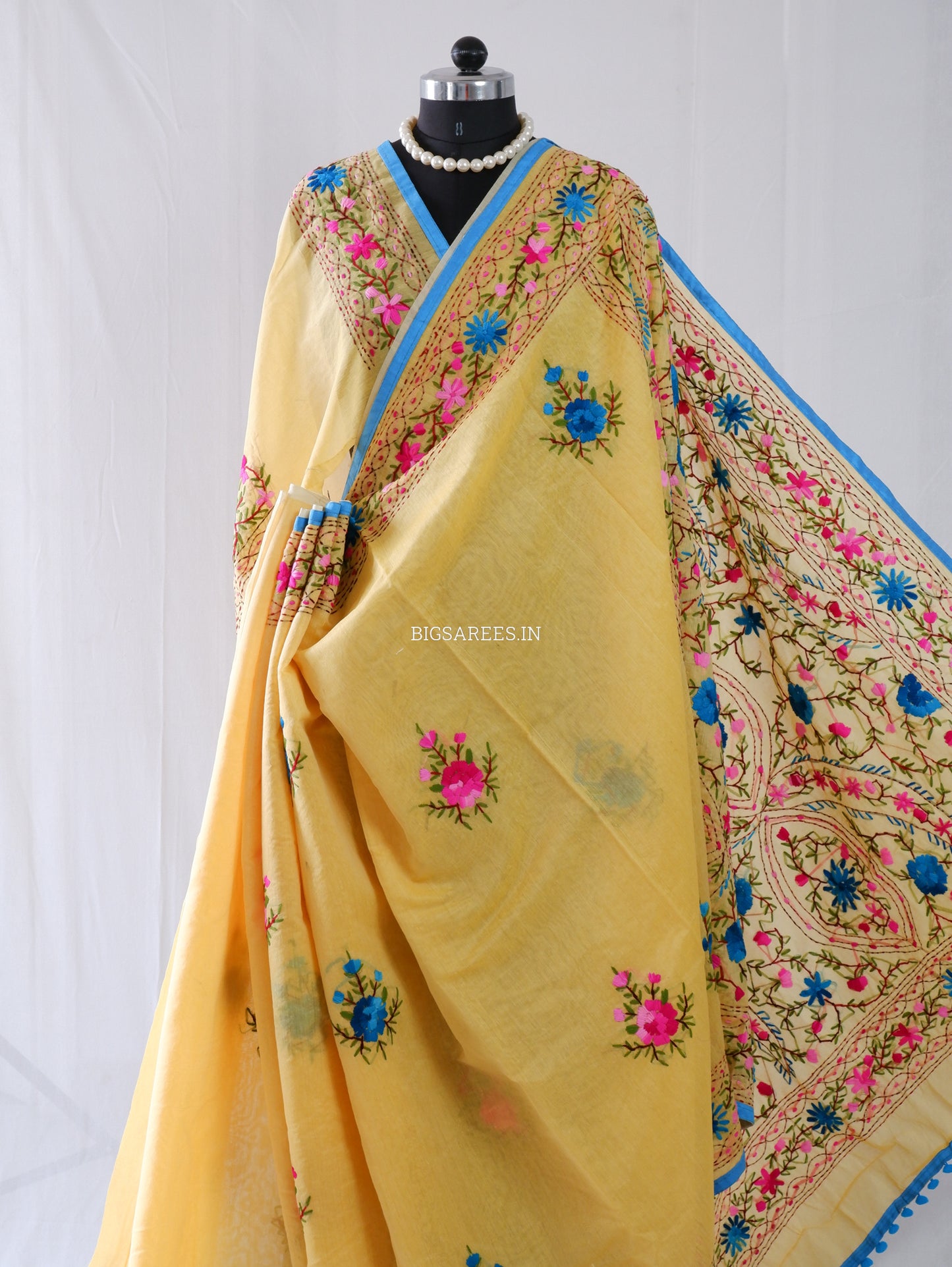 Phulkari Hand-Embroidered Saree | Chanderi Silk | Yellow