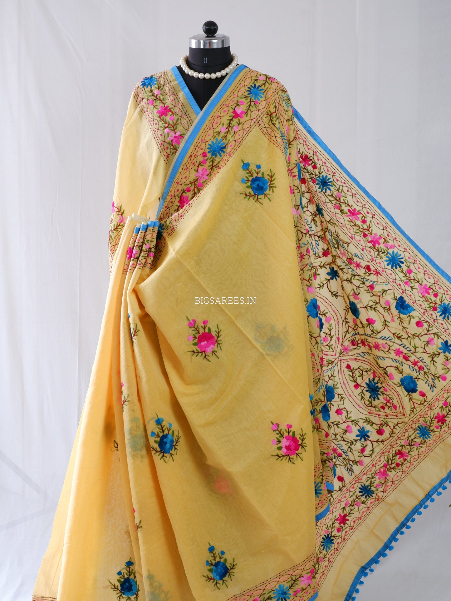 Phulkari Hand-Embroidered Saree | Chanderi Silk | Yellow