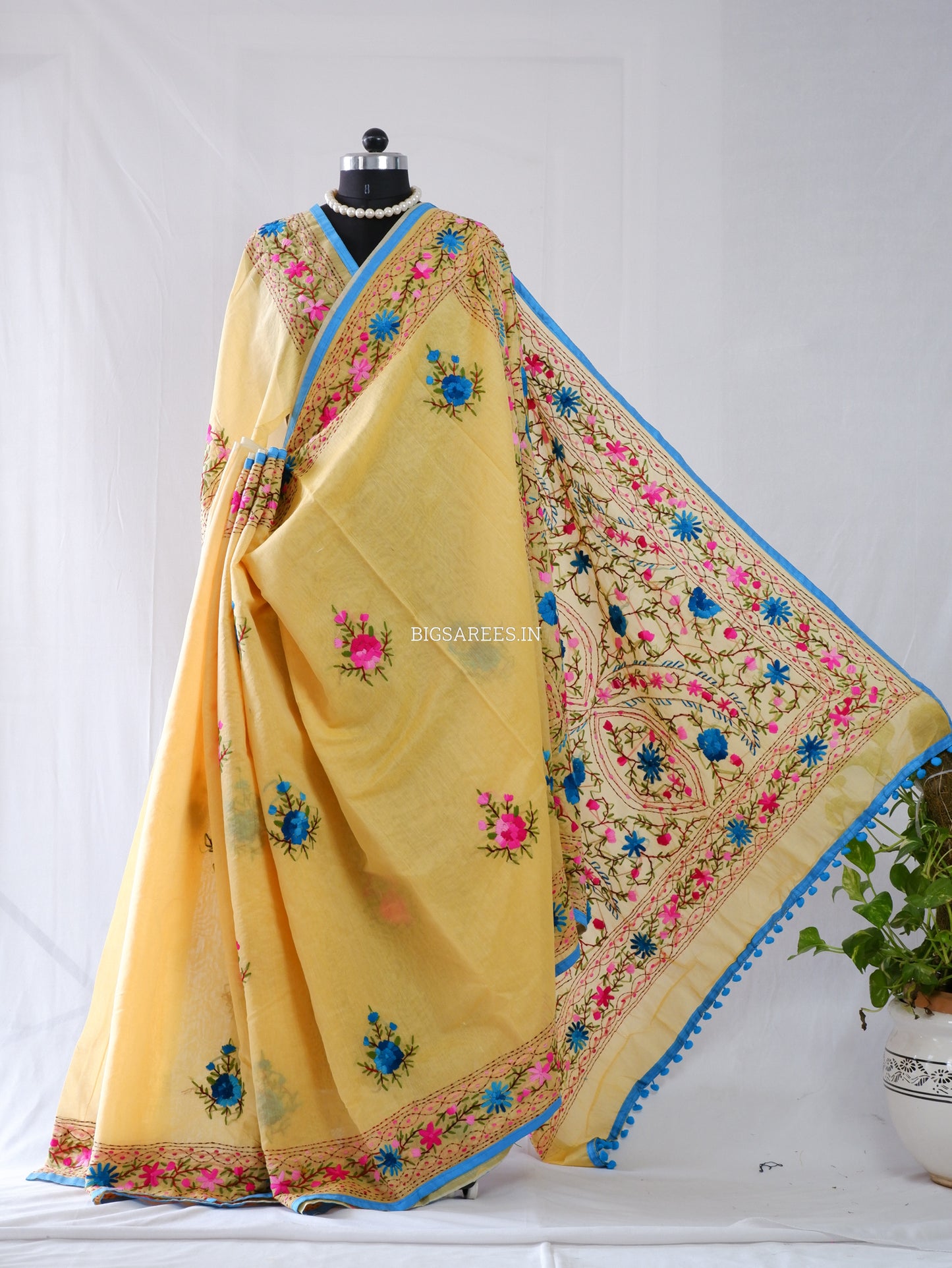 Phulkari Hand-Embroidered Saree | Chanderi Silk | Yellow