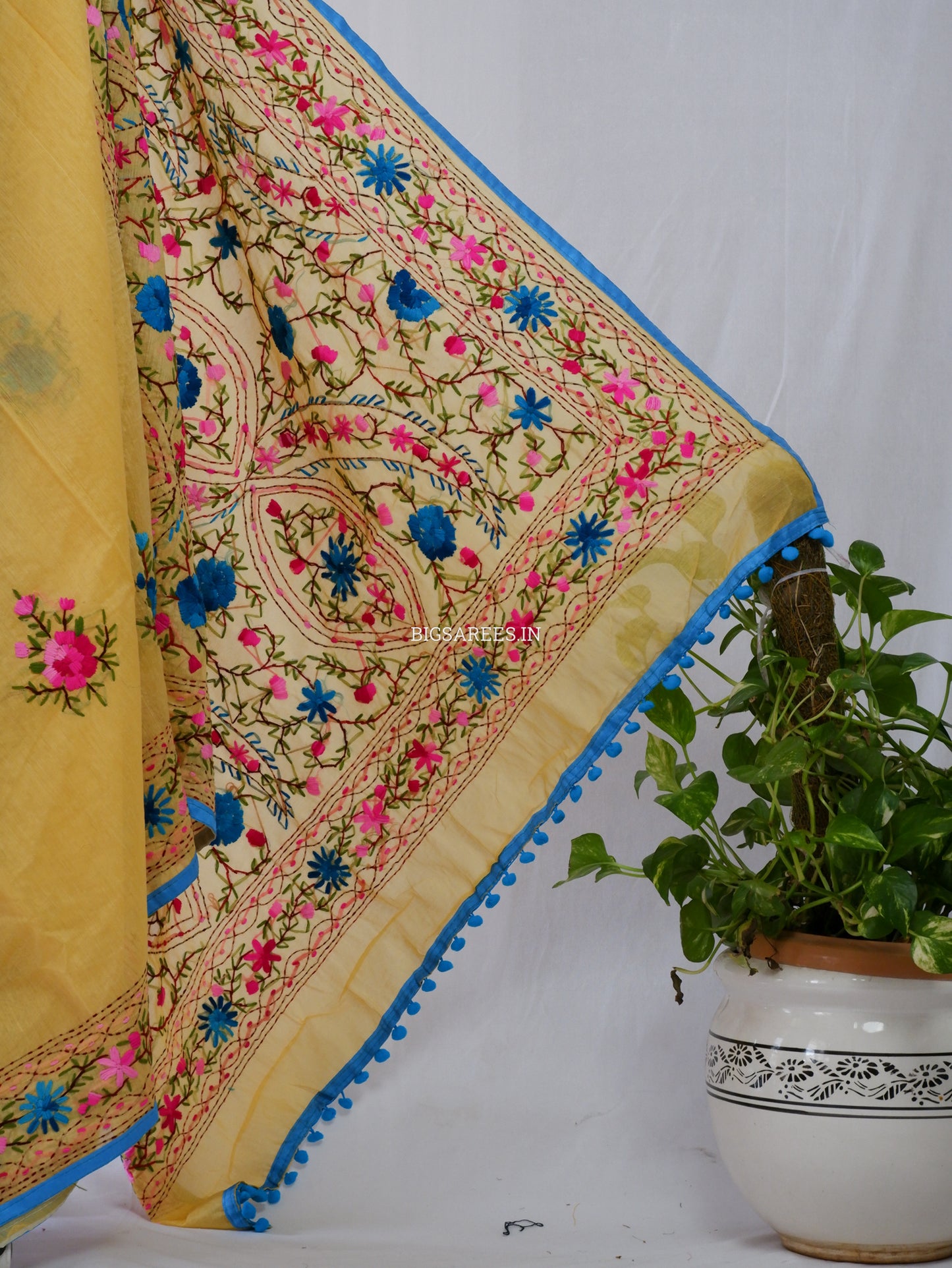 Phulkari Hand-Embroidered Saree | Chanderi Silk | Yellow