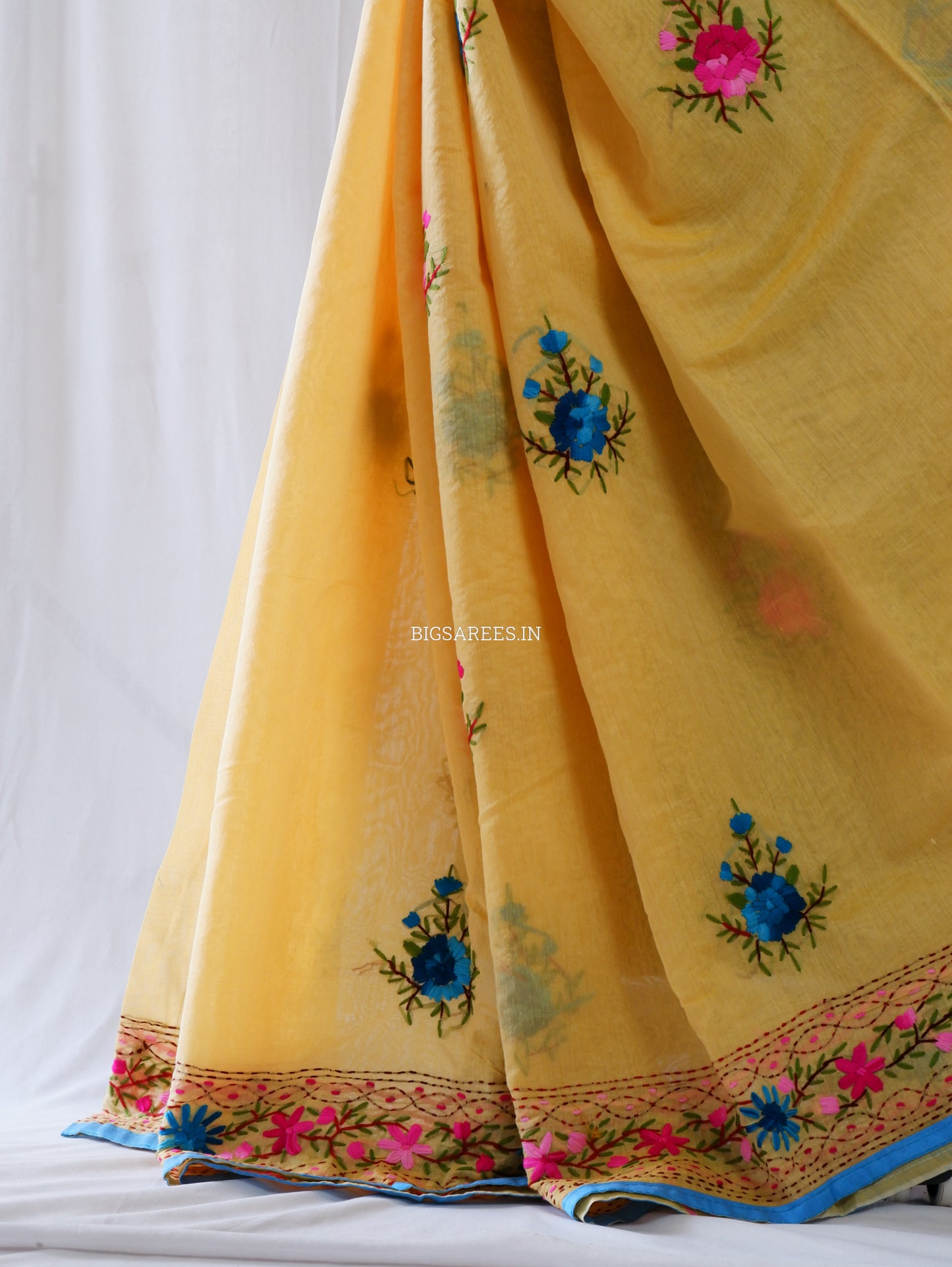 Phulkari Hand-Embroidered Saree | Chanderi Silk | Yellow