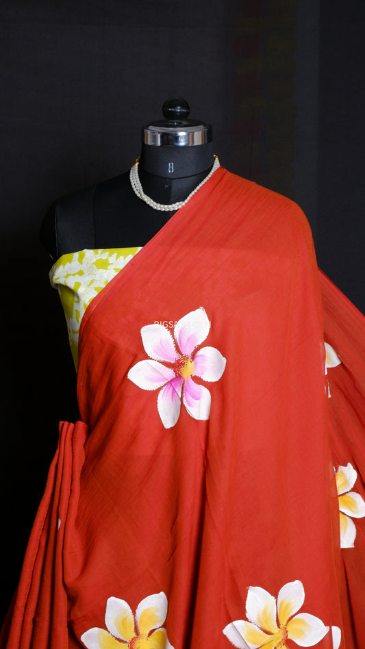 Hand Painted Mul Cotton Saree with Hand Block Printed Blouse | Brick Red